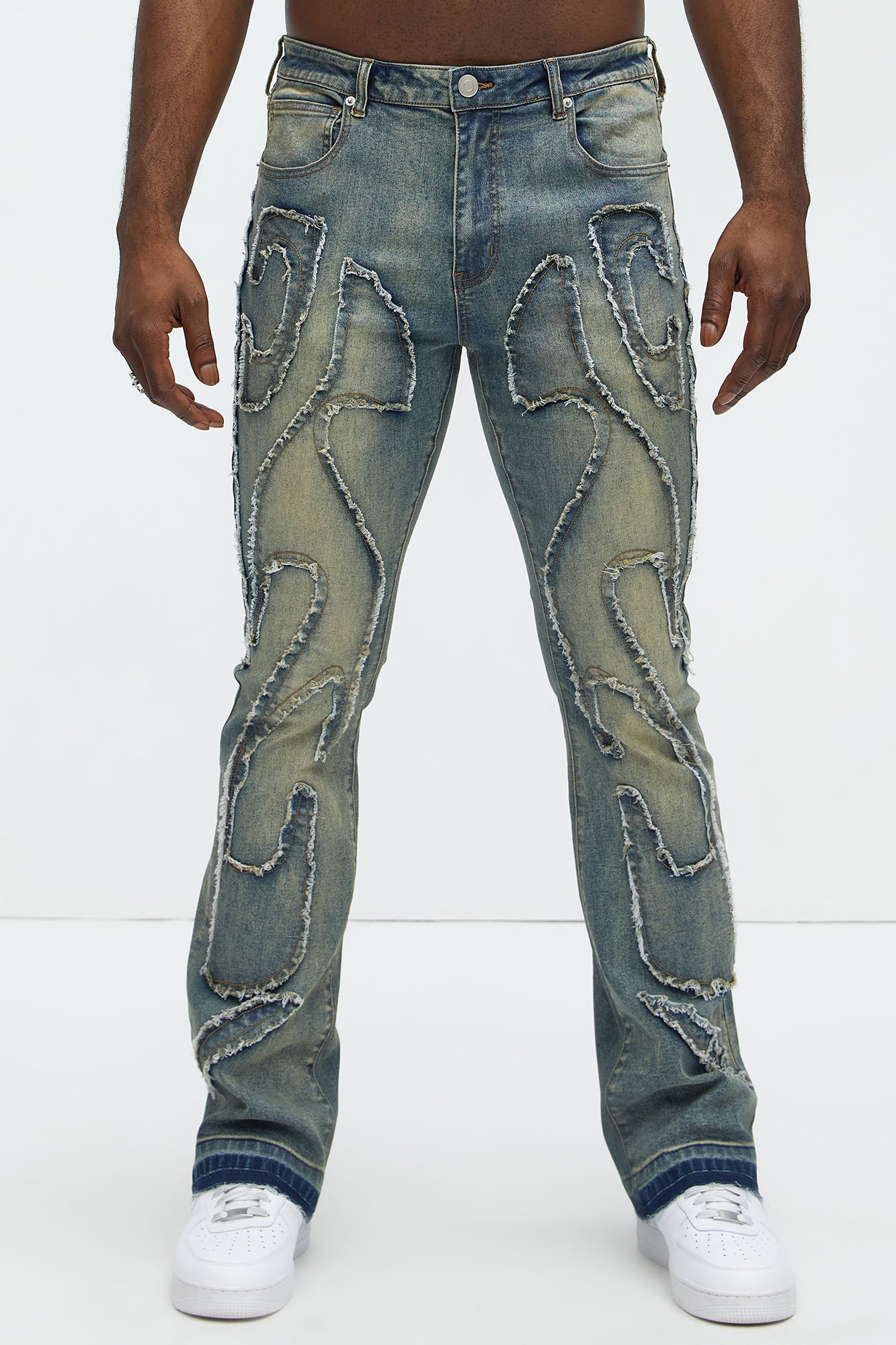 Flame Frayed Patch Stacked Skinny Flare Jeans - Vintage Blue Wash - Image 4