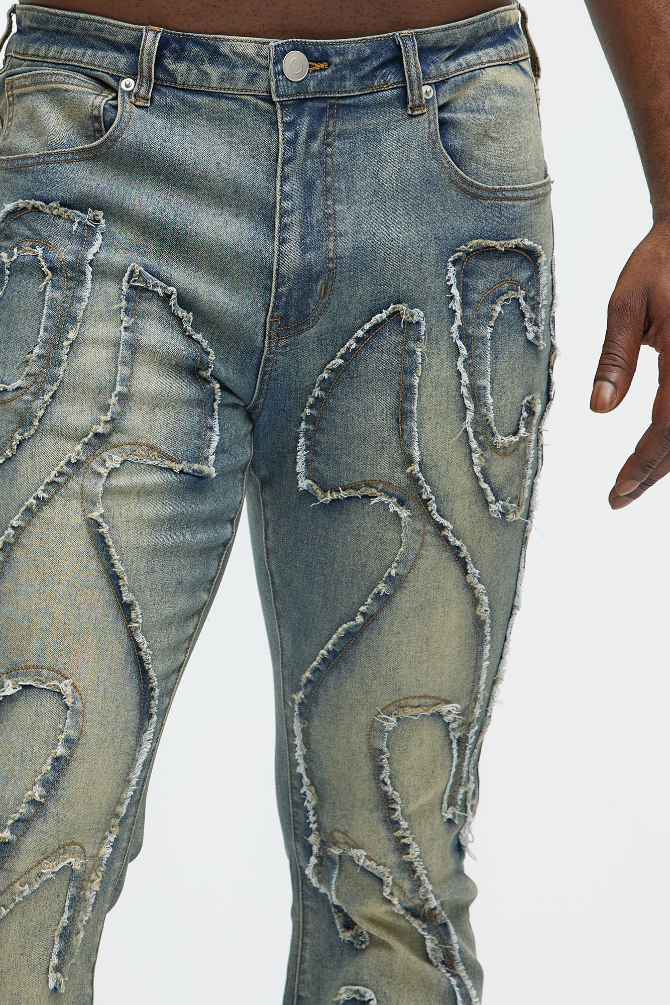 Flame Frayed Patch Stacked Skinny Flare Jeans - Vintage Blue Wash - Image 3