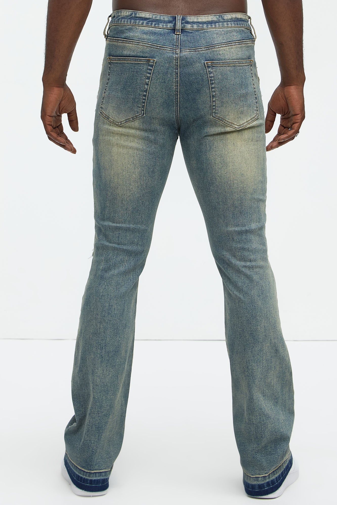Flame Frayed Patch Stacked Skinny Flare Jeans - Vintage Blue Wash - Image 5