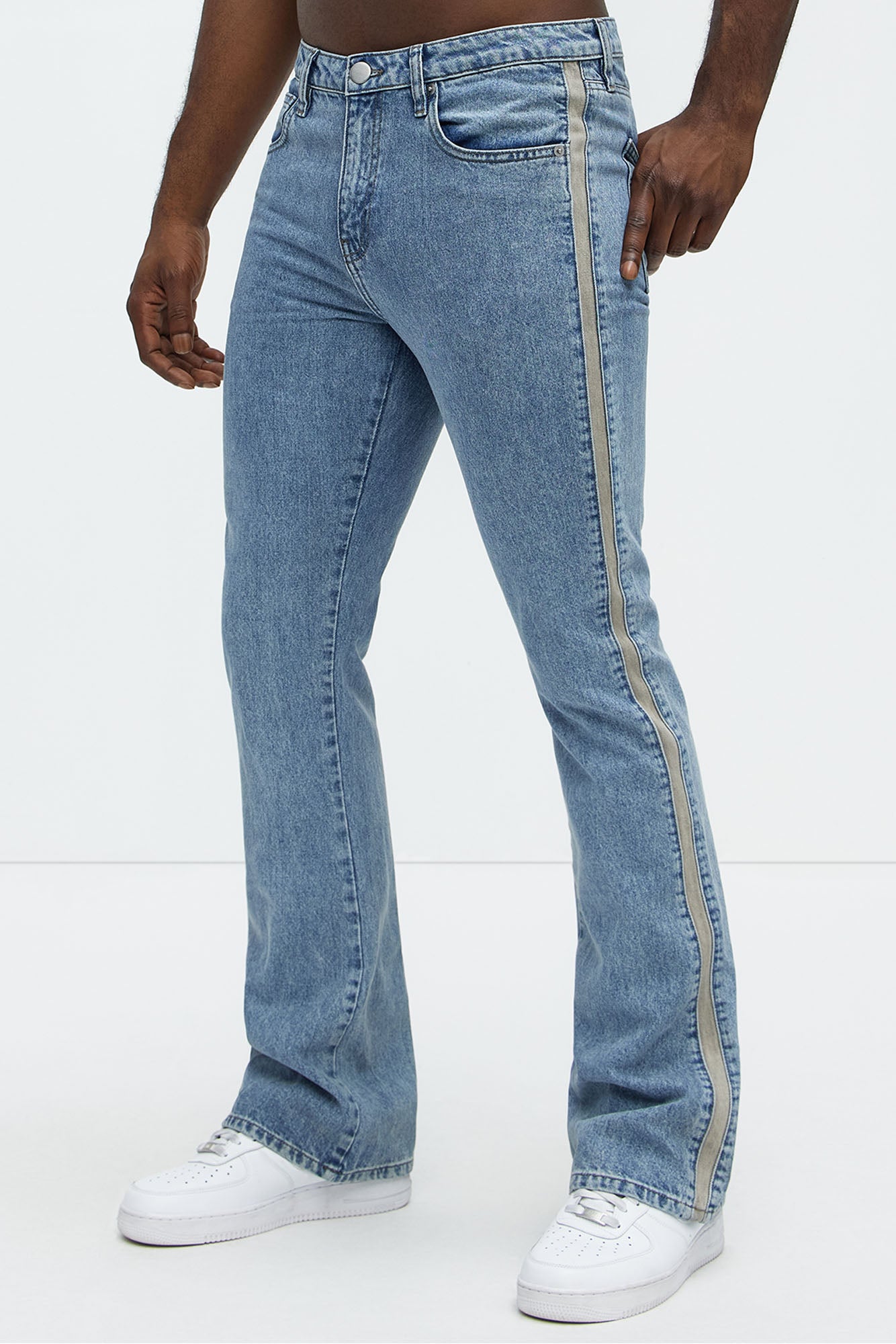 Side Stripe Stacked Slim Flare Jeans - Light Wash - Image 3