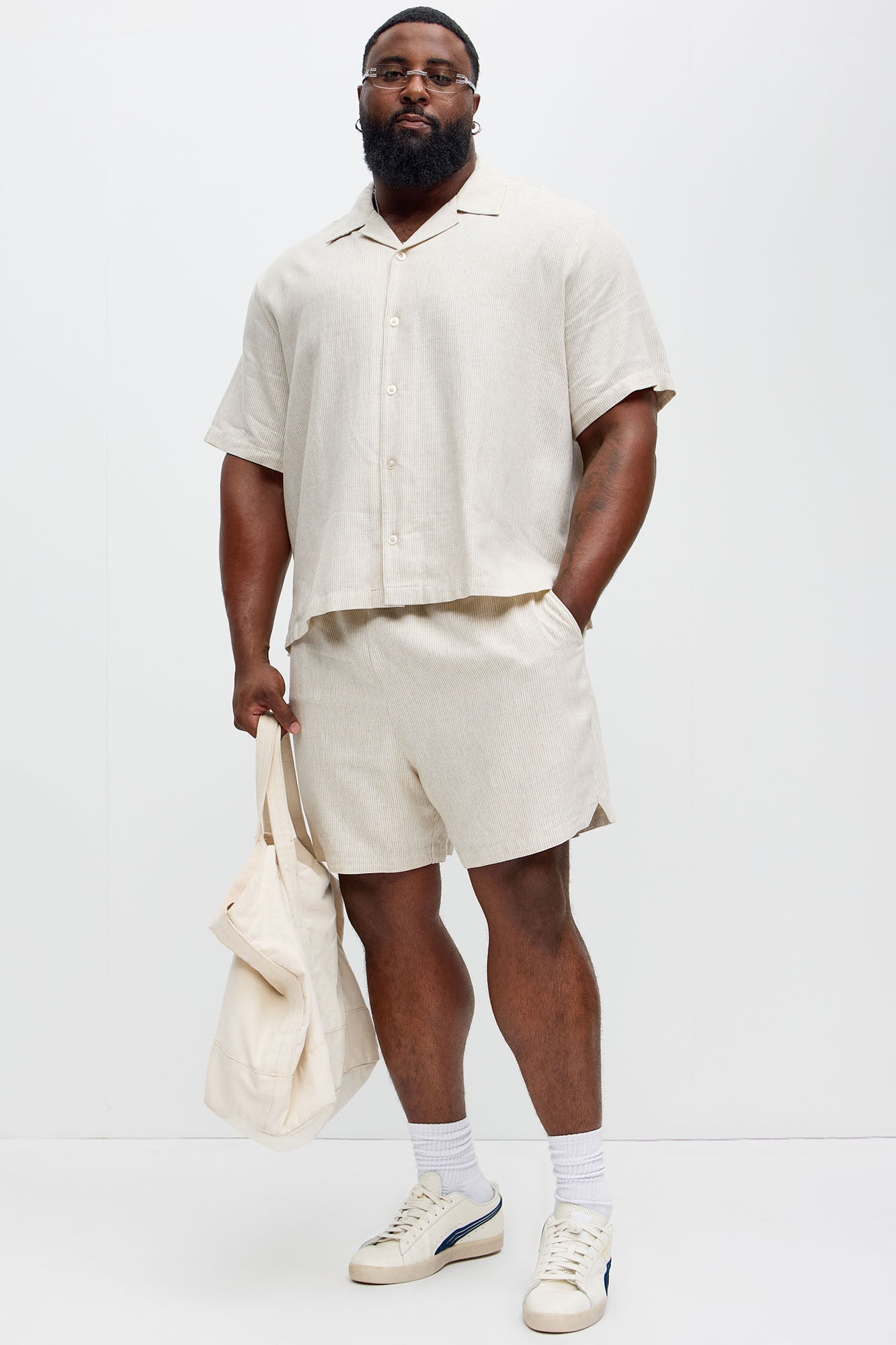 Twill Stripe Linen Shorts - Taupe/combo - Image 7