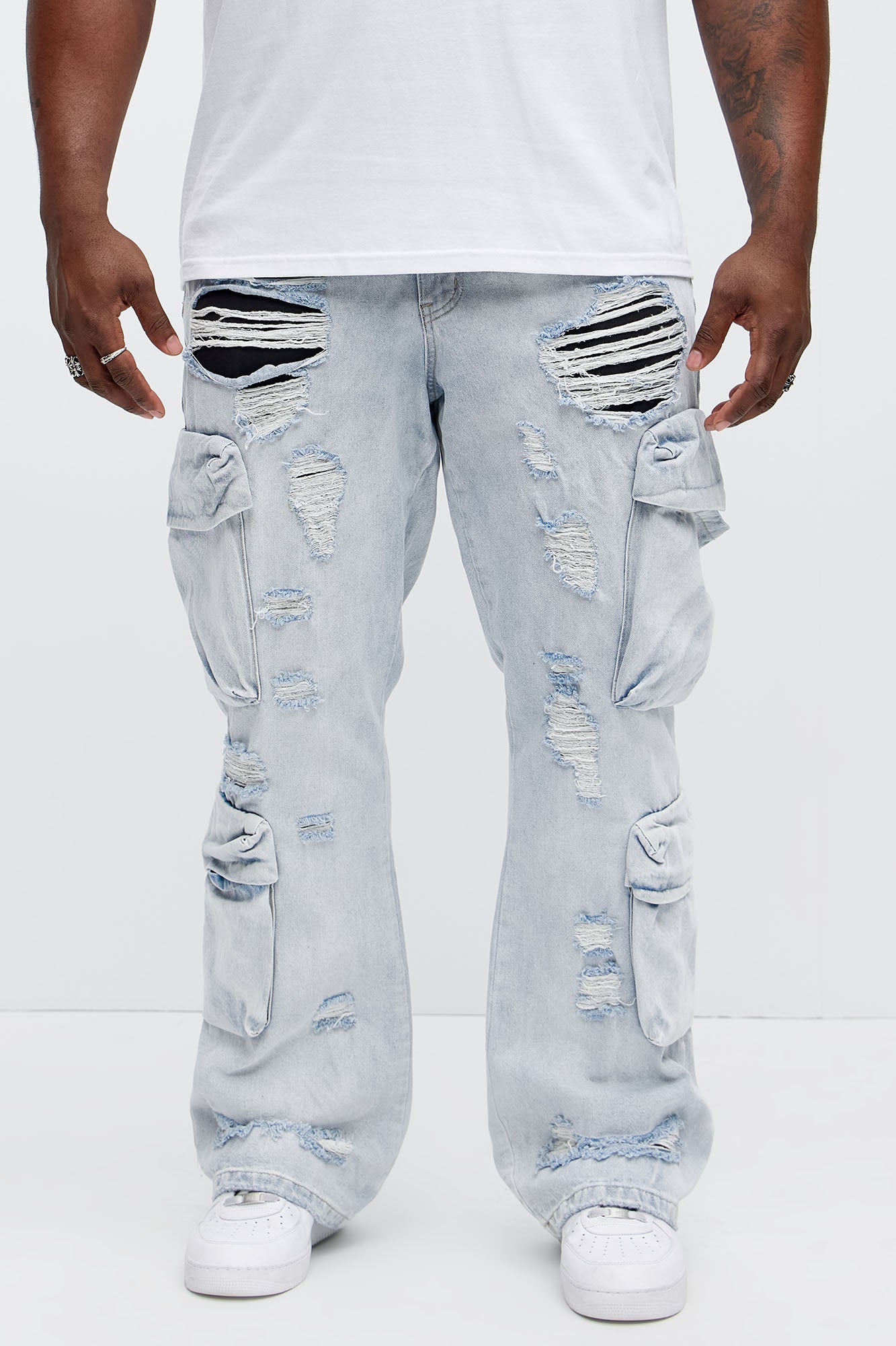 Xavier Distressed Stacked Slim Flare Jeans - Light Blue Wash - Image 6
