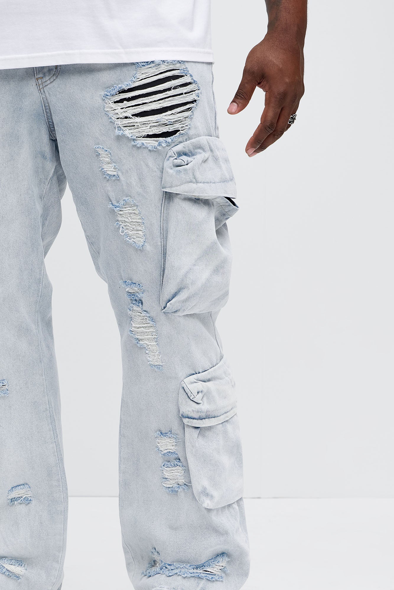 Xavier Distressed Stacked Slim Flare Jeans - Light Blue Wash - Image 8