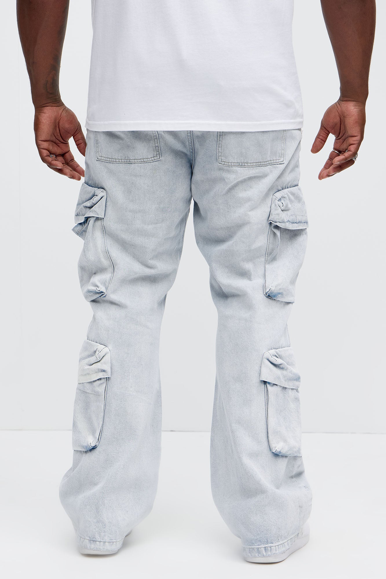 Xavier Distressed Stacked Slim Flare Jeans - Light Blue Wash - Image 9