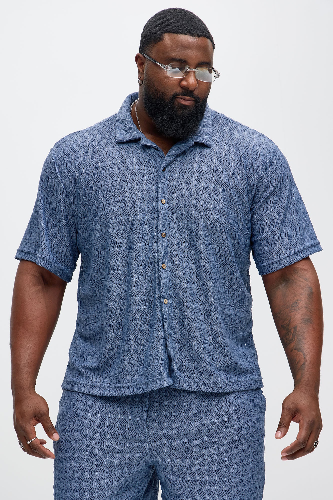 Echo Textured Short Sleeve Button Up - Blue - Image 5