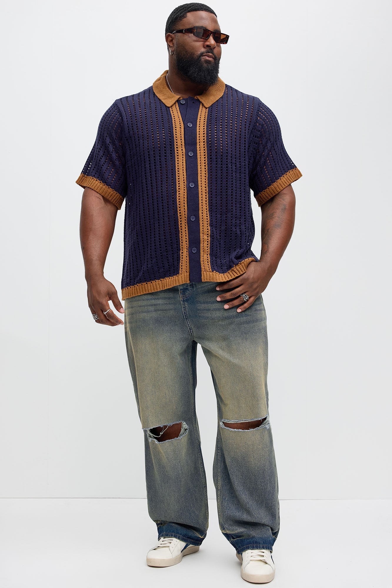 Estrellada Crochet Knit Full Button Shirt - Navy/combo - Image 6