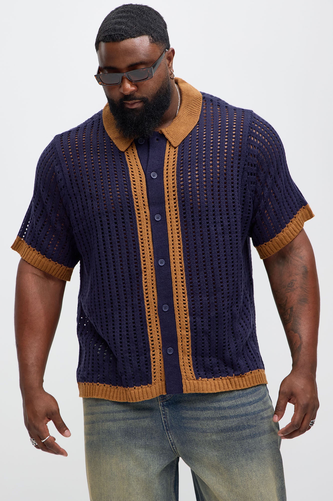 Estrellada Crochet Knit Full Button Shirt - Navy/combo - Image 5