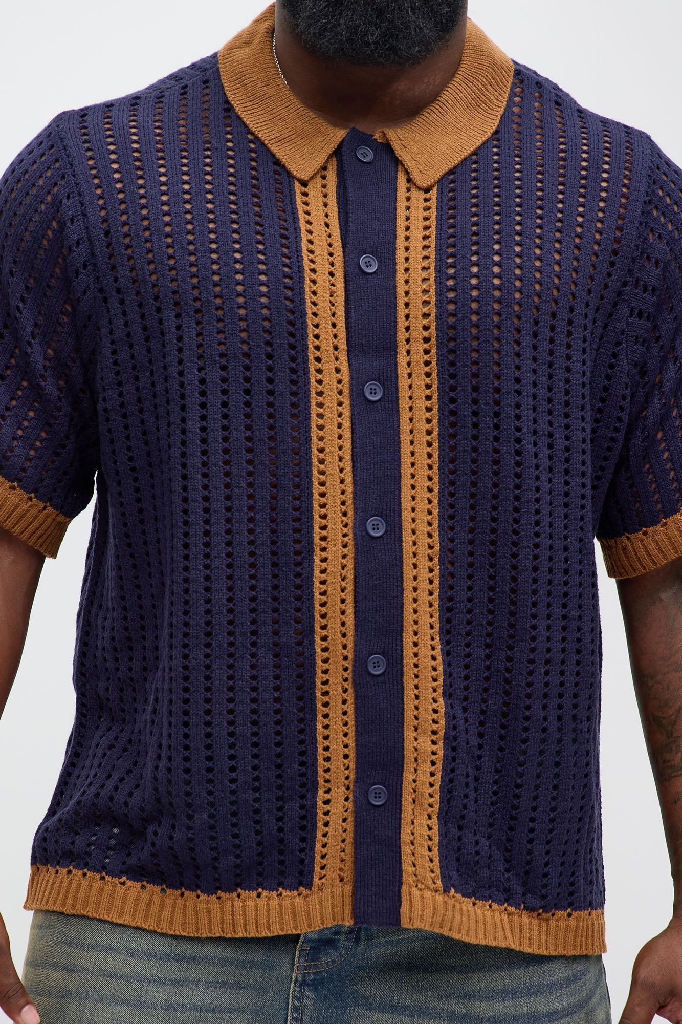 Estrellada Crochet Knit Full Button Shirt - Navy/combo - Image 7