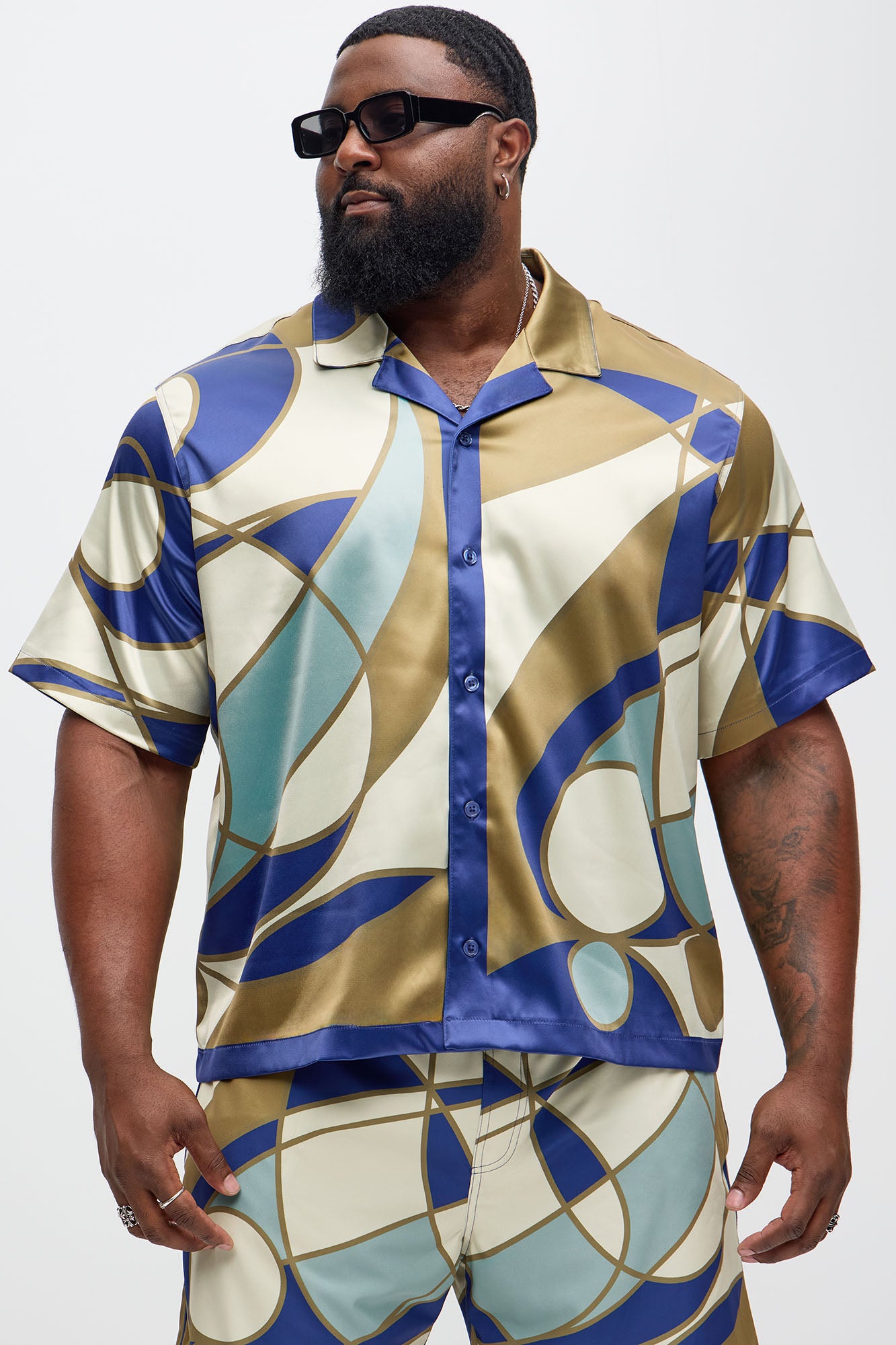 Geometric Paneled Cuban Collar Button Up Shirt - Multi Color - Image 4
