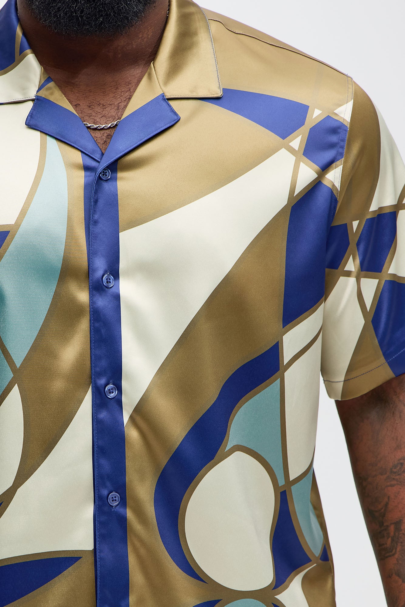 Geometric Paneled Cuban Collar Button Up Shirt - Multi Color - Image 6