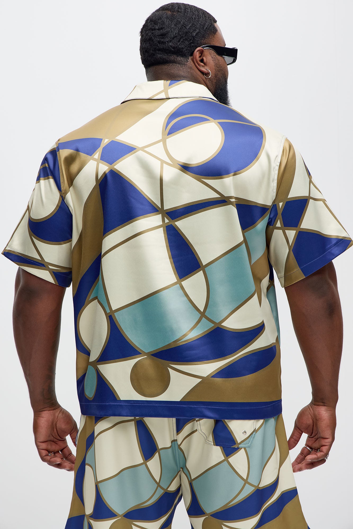 Geometric Paneled Cuban Collar Button Up Shirt - Multi Color - Image 7