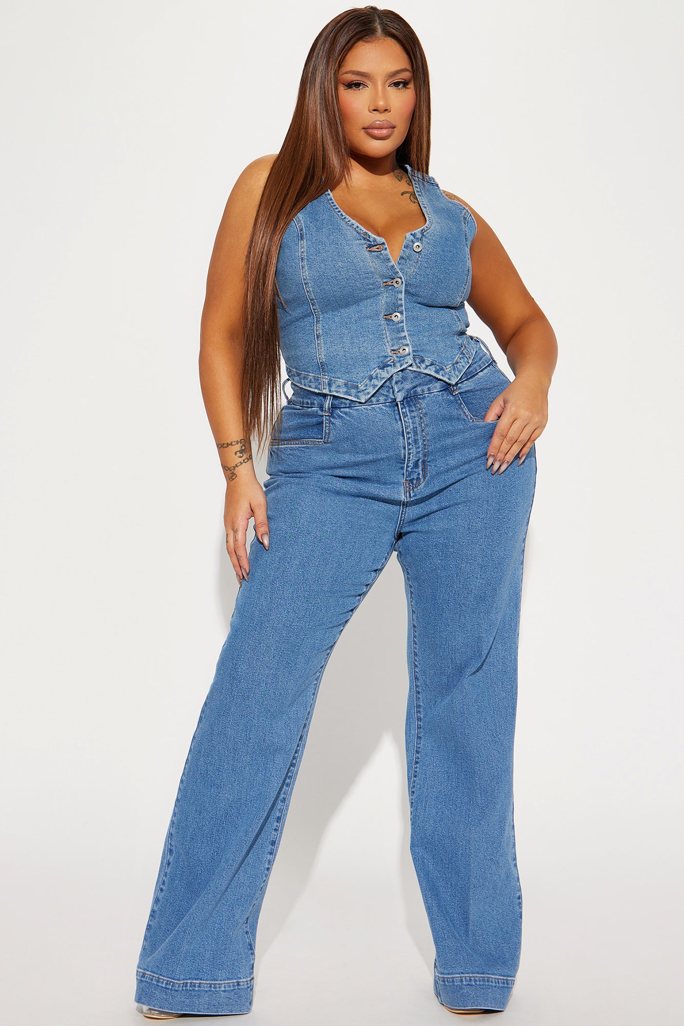 Western Showdown Button Front Denim Vest - Medium Wash - Image 5