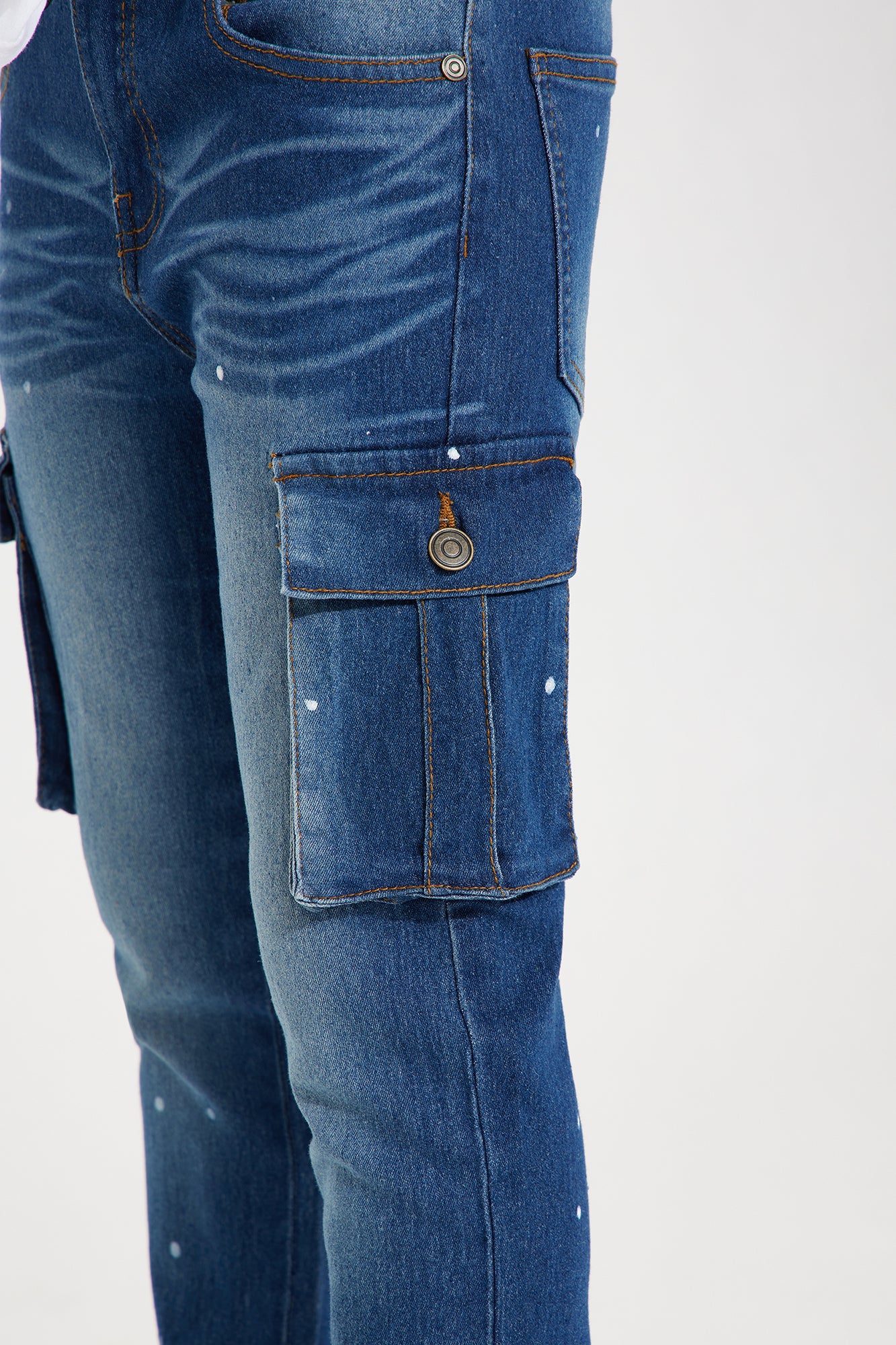 Mini Skinny Printed & Splatter Washed Cargo Denim - Medium Wash - Image 4