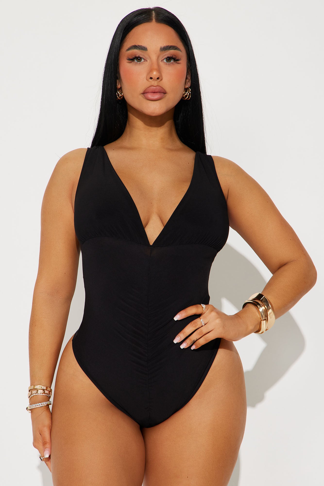 Evalina Off Shoulder V-Neck Ruched Bodysuit - Black - Image 5