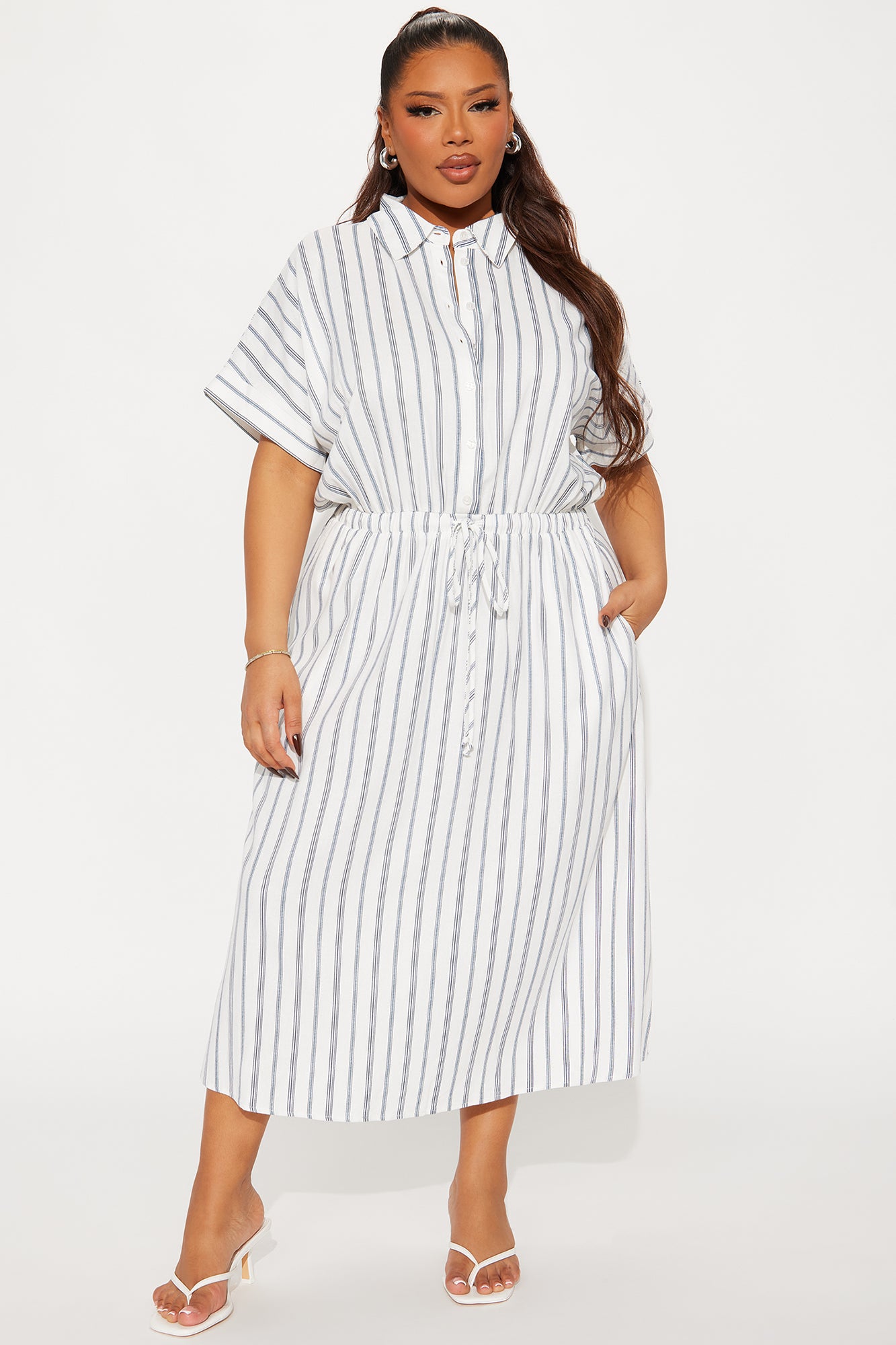 Casual Day Pinstripe Linen Midi Dress - Navy/combo - Image 4