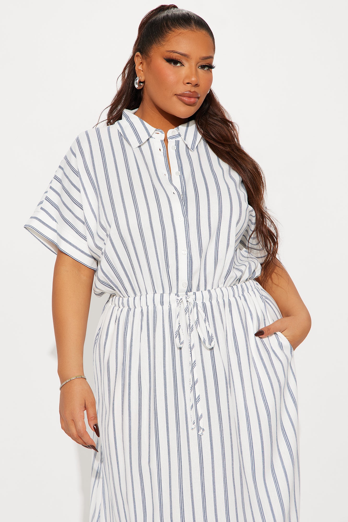 Casual Day Pinstripe Linen Midi Dress - Navy/combo - Image 5