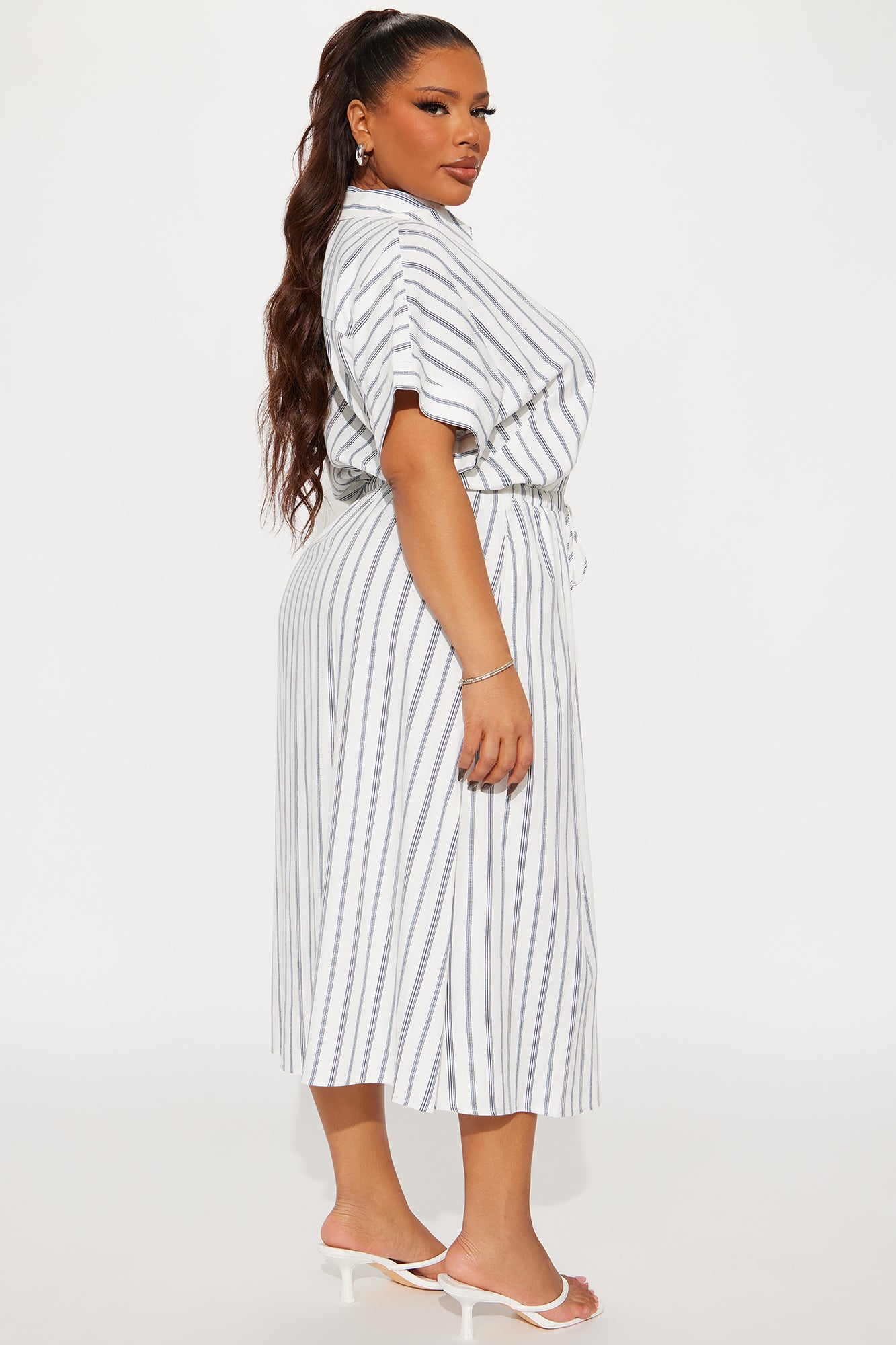 Casual Day Pinstripe Linen Midi Dress - Navy/combo - Image 6