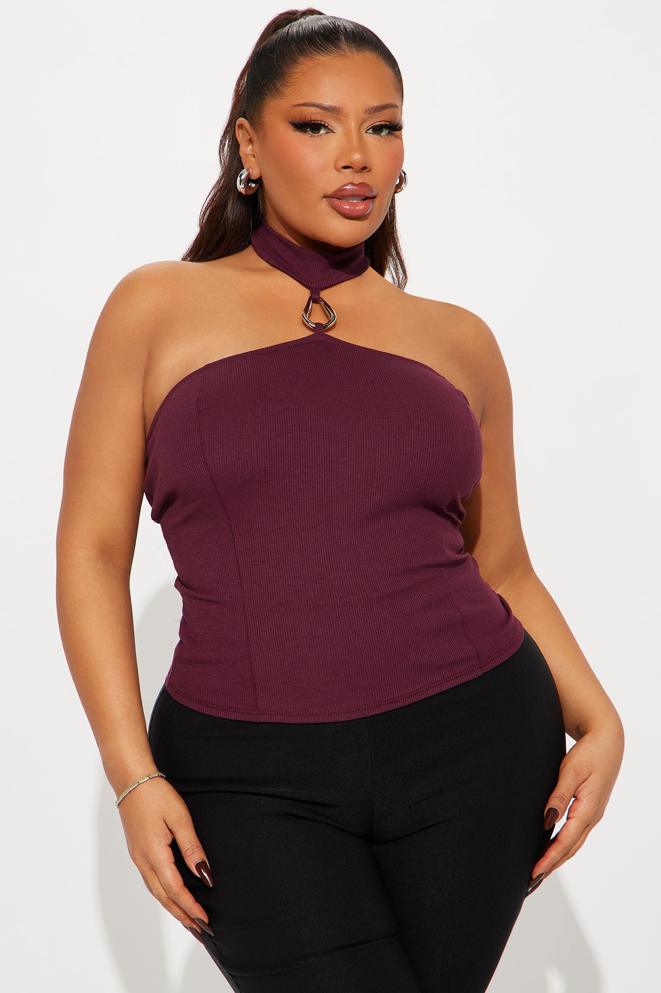 Gloria Ribbed Halter Top - Burgundy - Image 4
