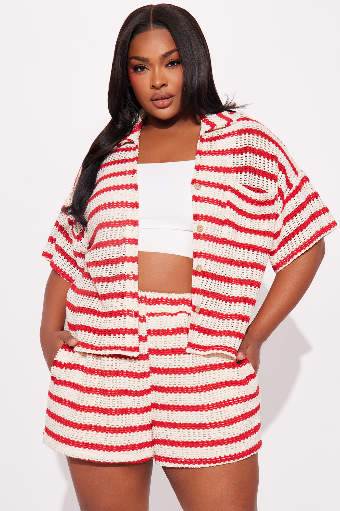 Savannah Stripe Crochet Short Set  - Red/combo - Image 4