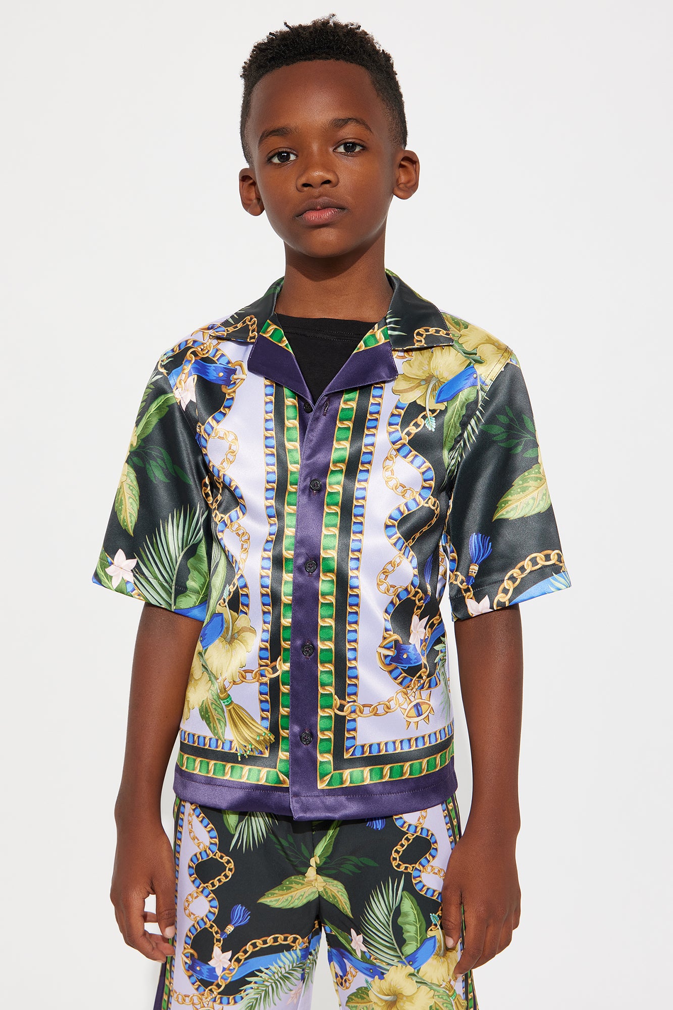 Mini Baroque Floral Cuban Collar Button Up Shirt - Multi Color - Image 3