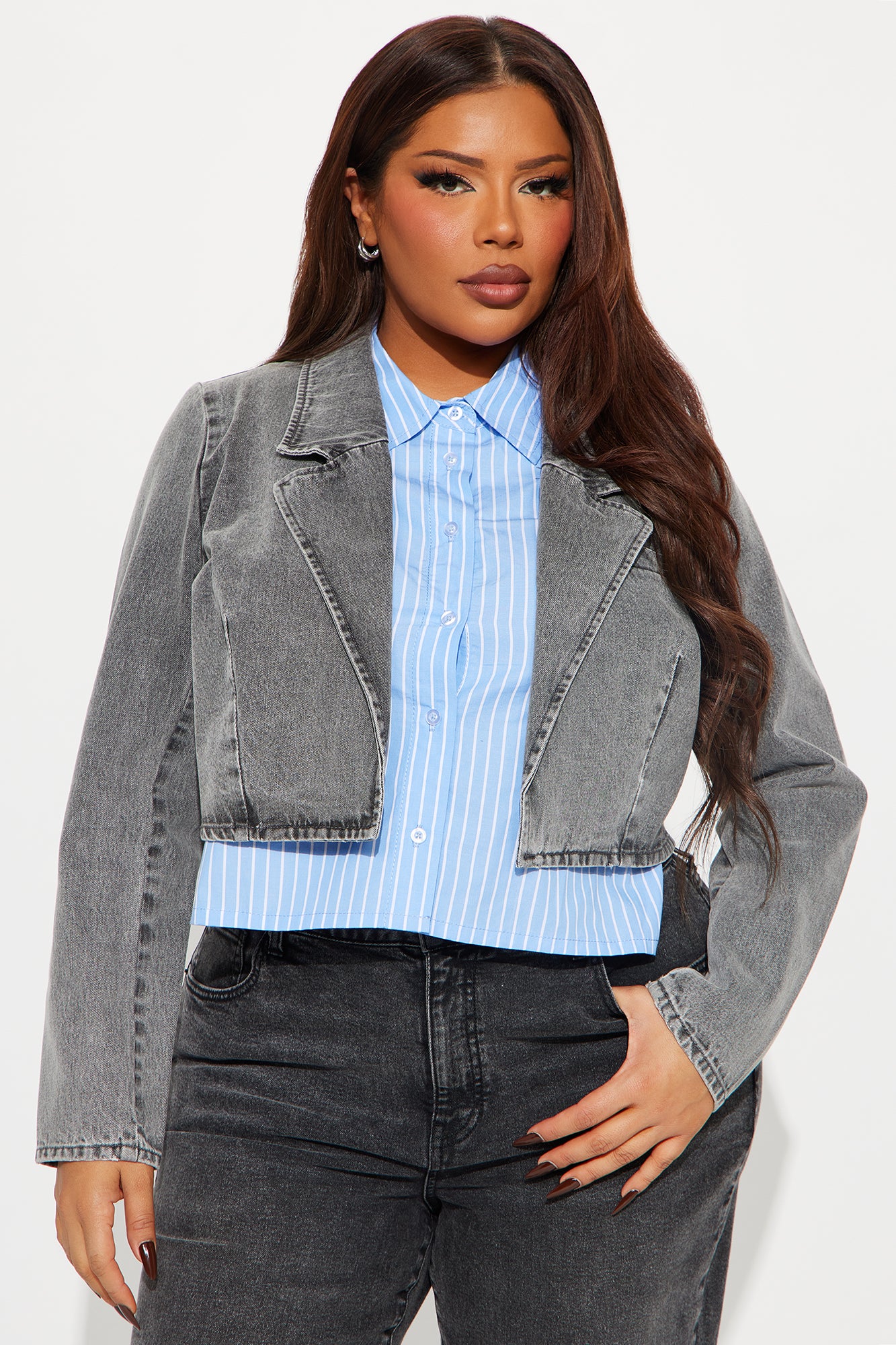 Office Flex Mix Media Cropped Blazer - Black Wash - Image 4