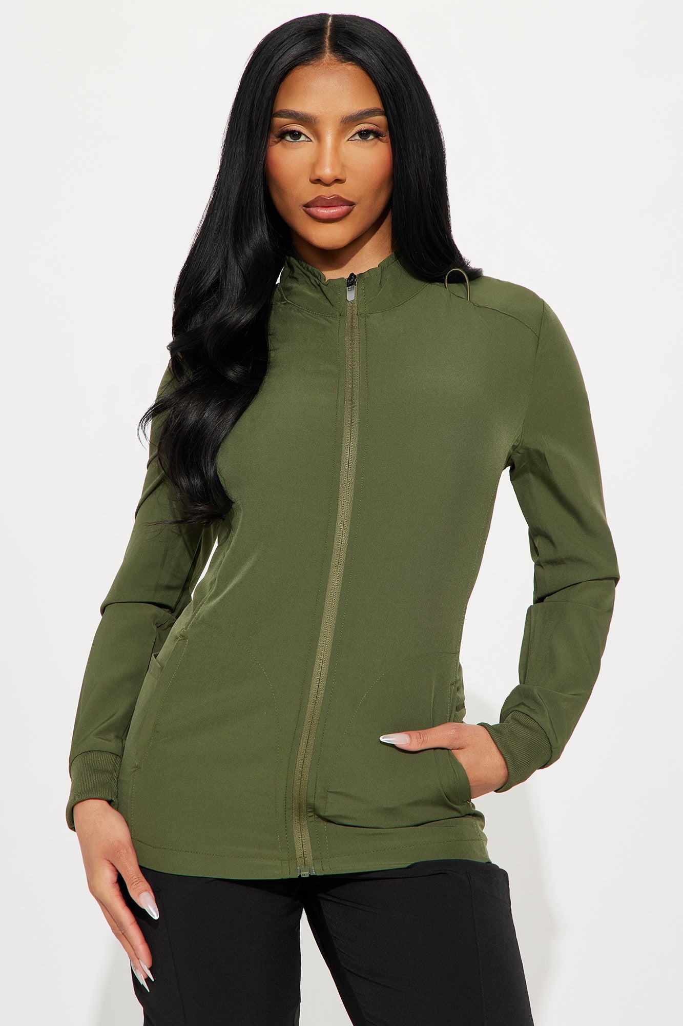 Clocked In Stretch Zip Up Scrub Uniform Jacket - Olive - Image 3