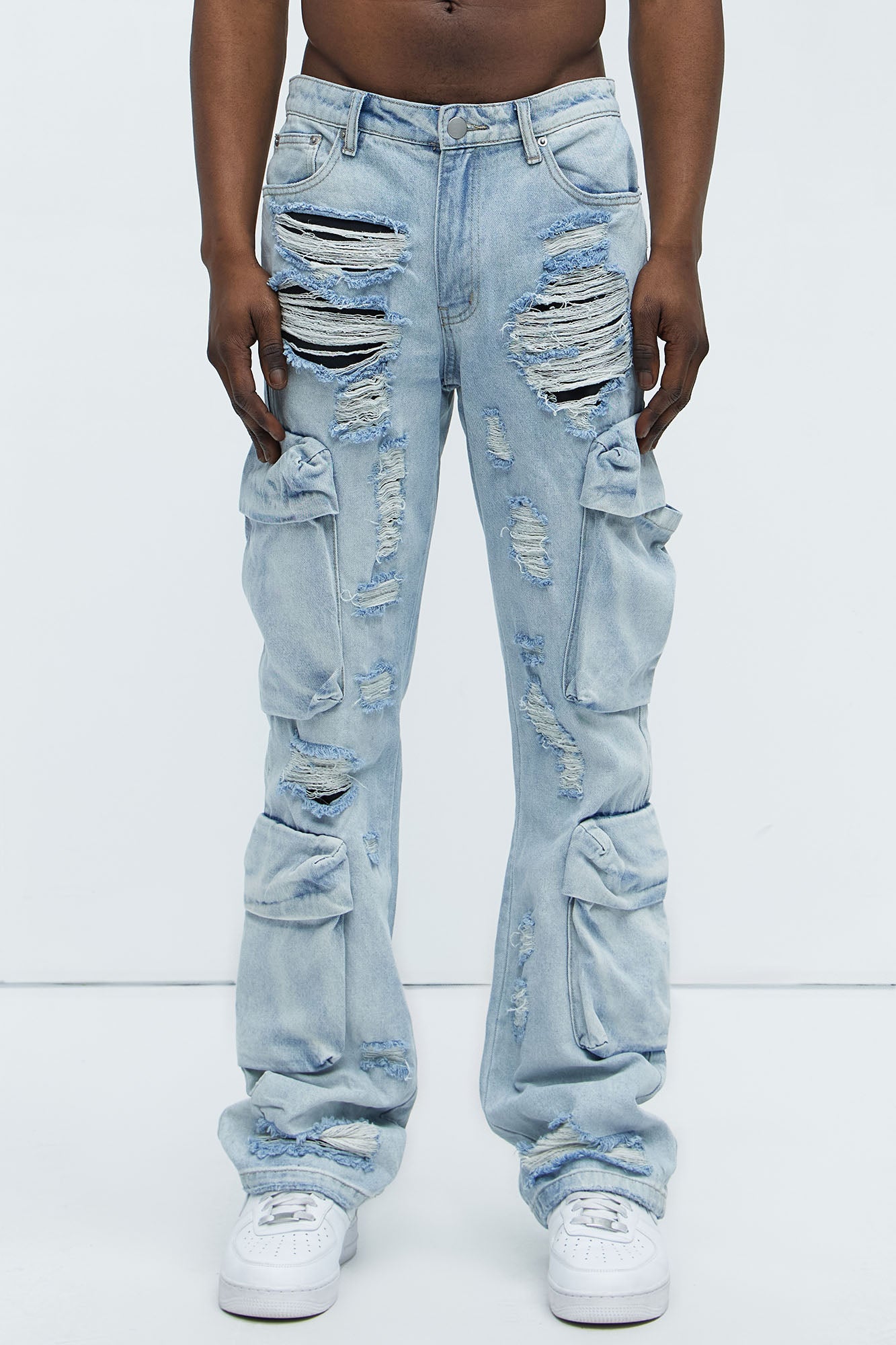 Xavier Distressed Stacked Slim Flare Jeans - Light Blue Wash - Image 3