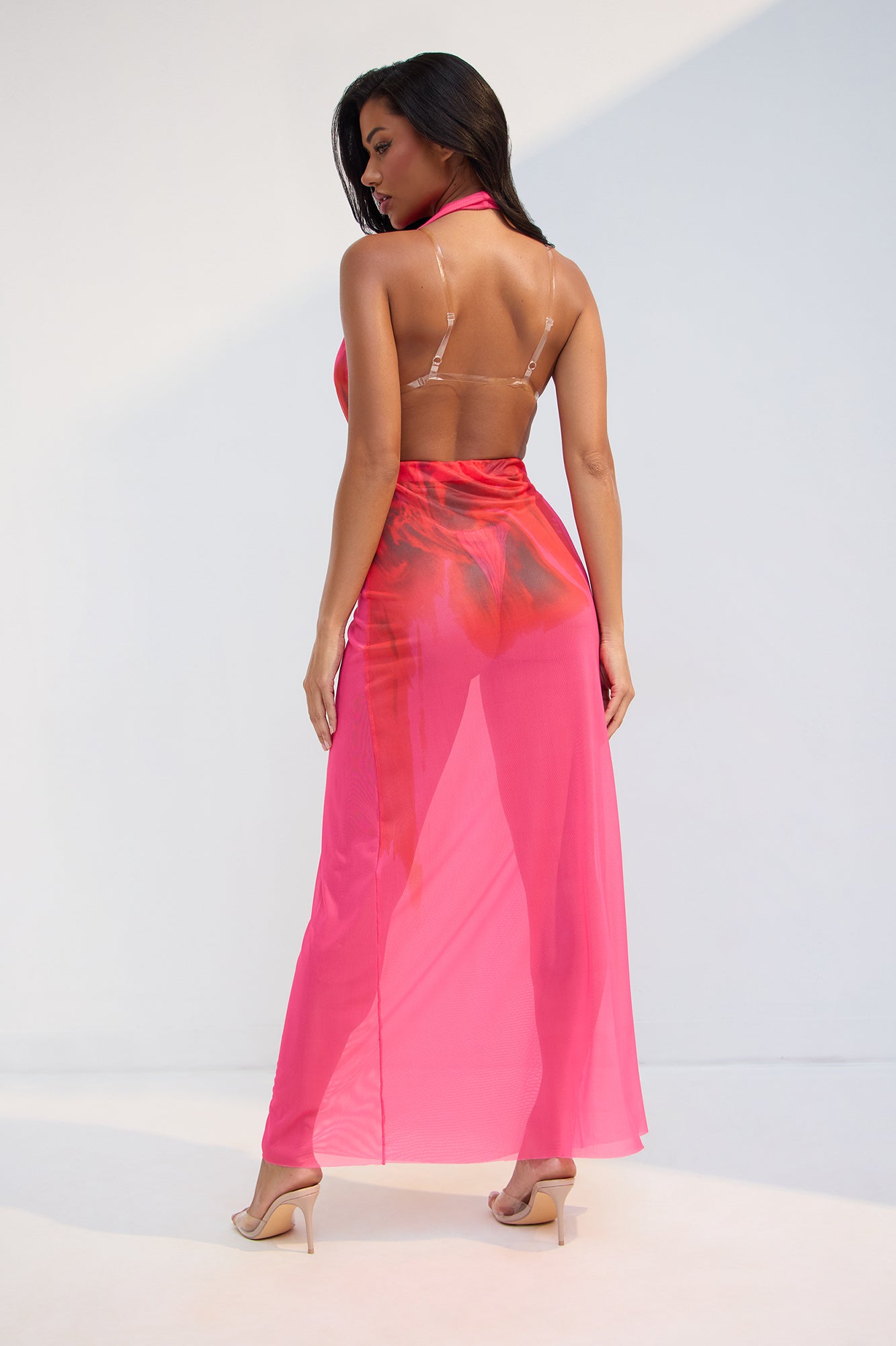 Jasmine Cowl Neck Mesh Cover Up Maxi Dress - Red/combo - Image 3