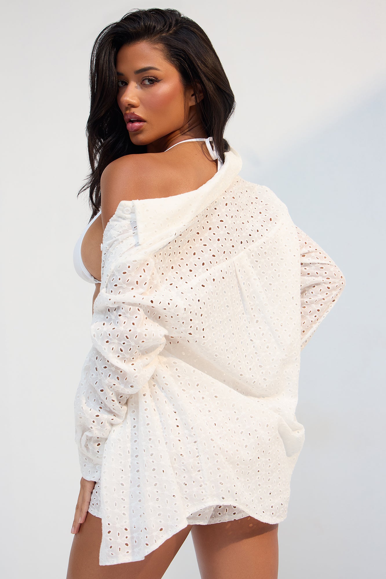 Kelly Eyelet Cover Up Collared Button Up & Shorts Set - White - Image 3