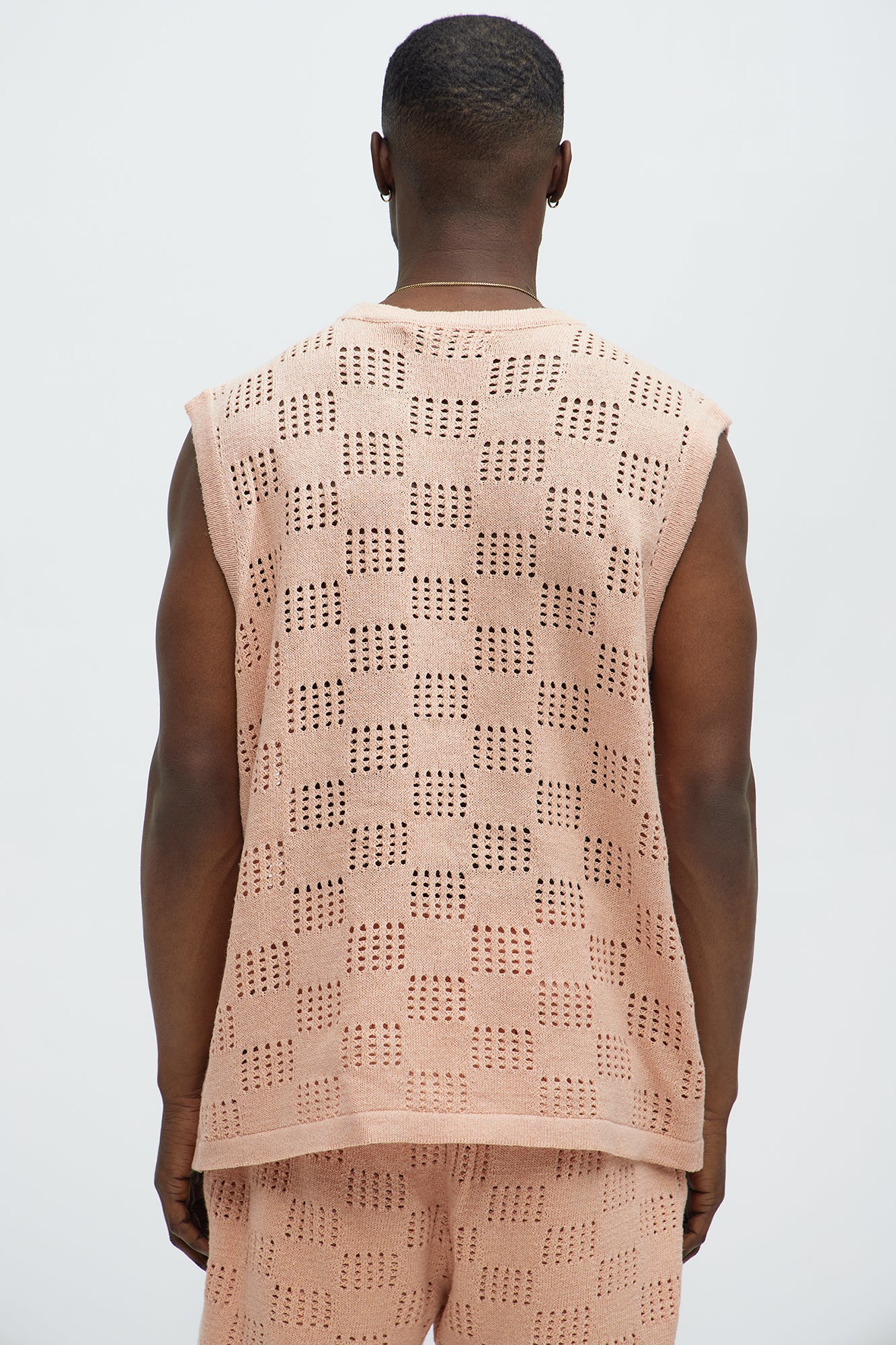Checkered Open Knit Muscle Tee - Pink - Image 4
