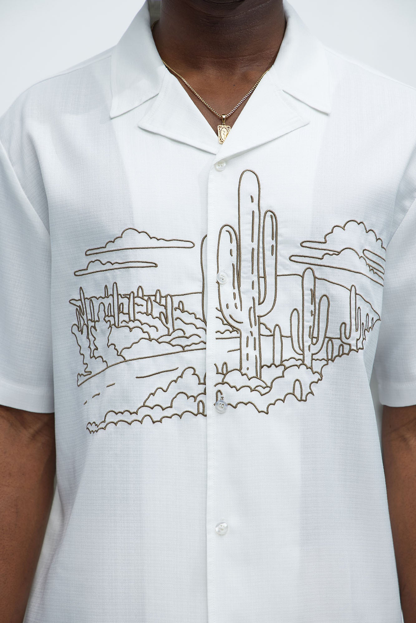 Desert Embroidered Cuban Collar Button Up - White - Image 3