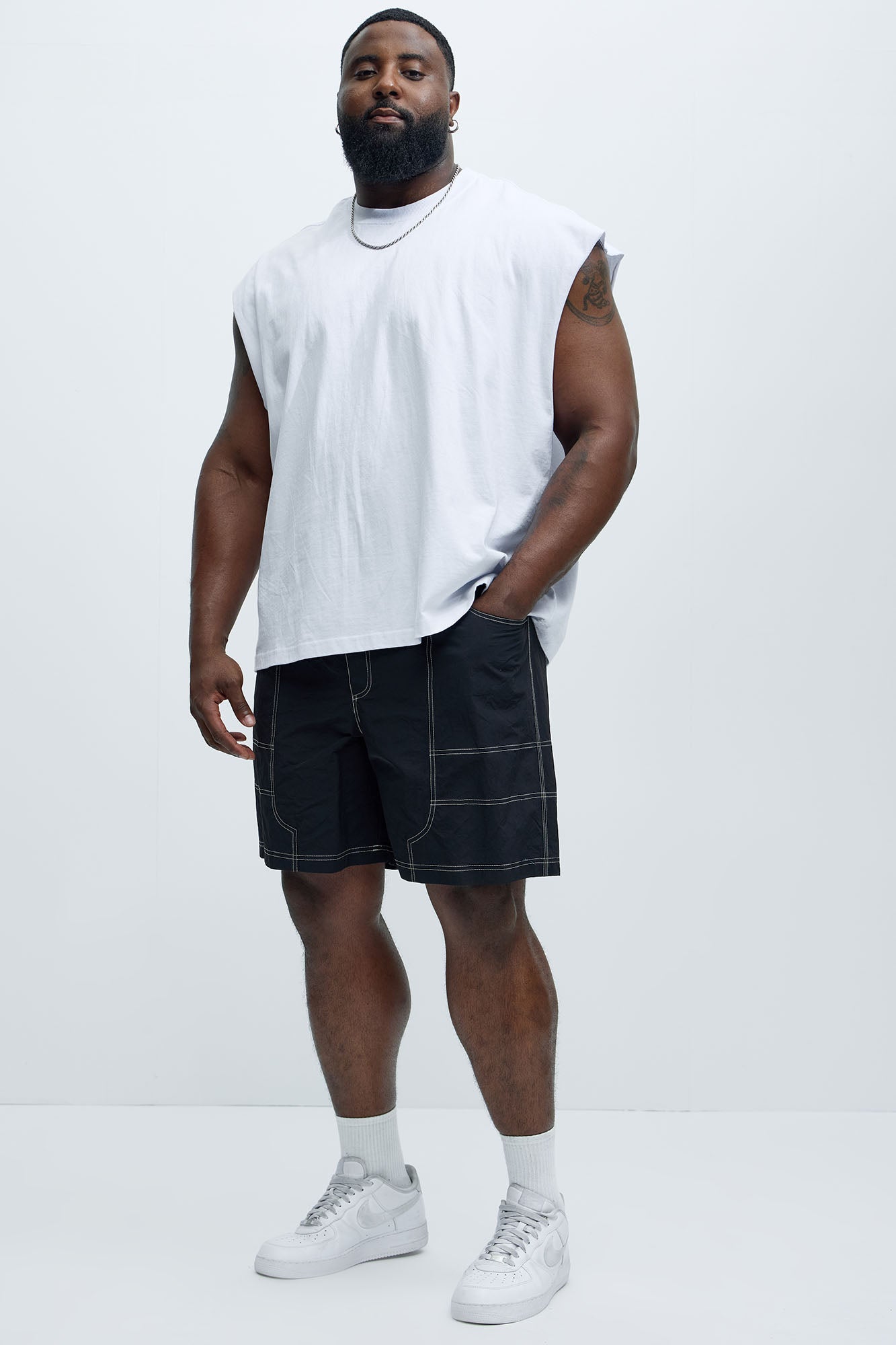 Nylon Contrast Stitch Relaxed Shorts - Black - Image 7