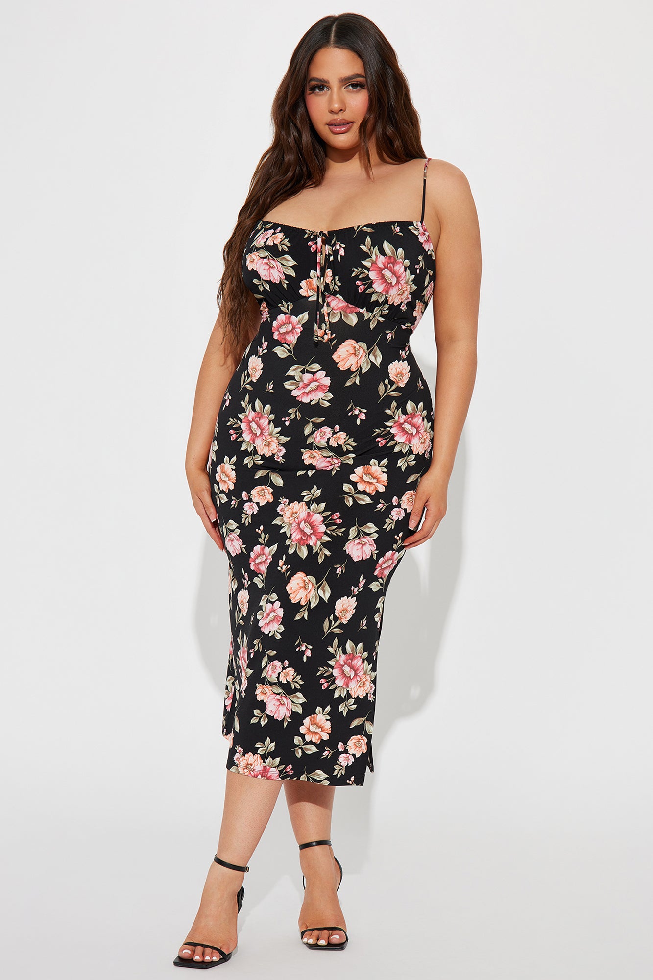 Floral Lace Up Midi Dress - Black - Image 4
