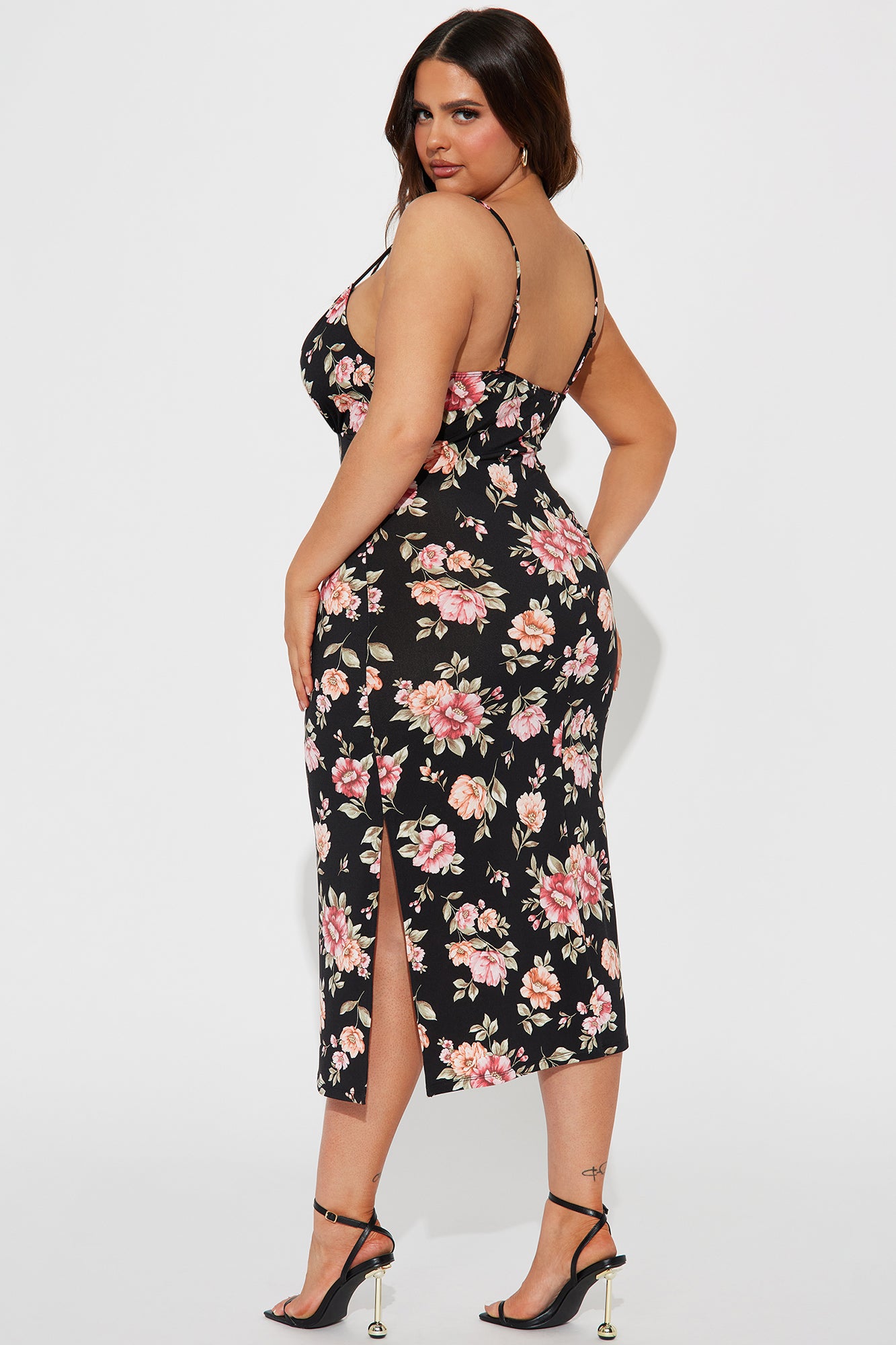 Floral Lace Up Midi Dress - Black - Image 6