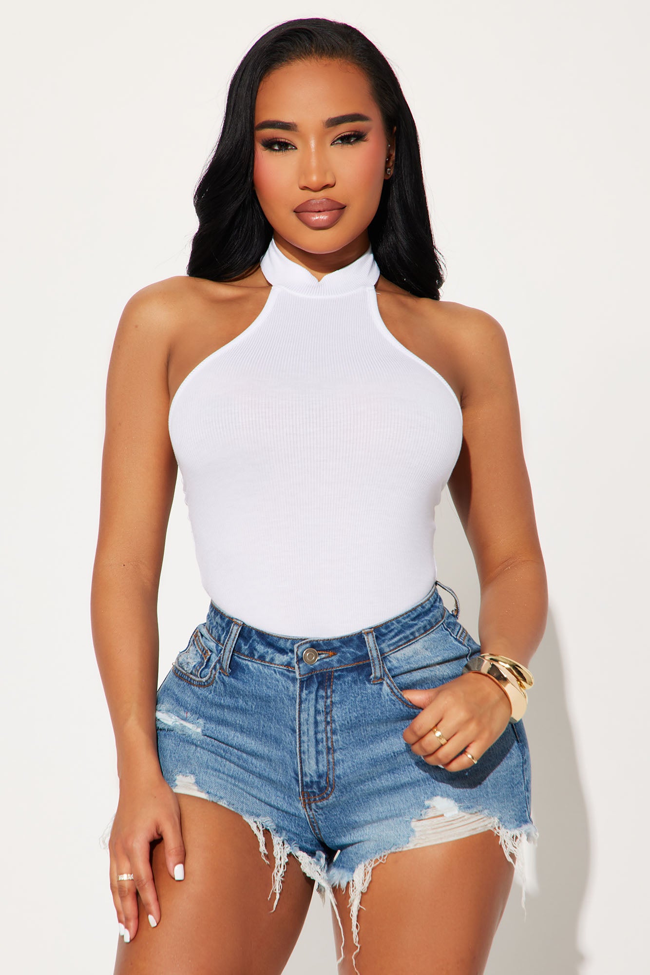 Bitter Sweet Ribbed Halter Bodysuit - White - Image 3