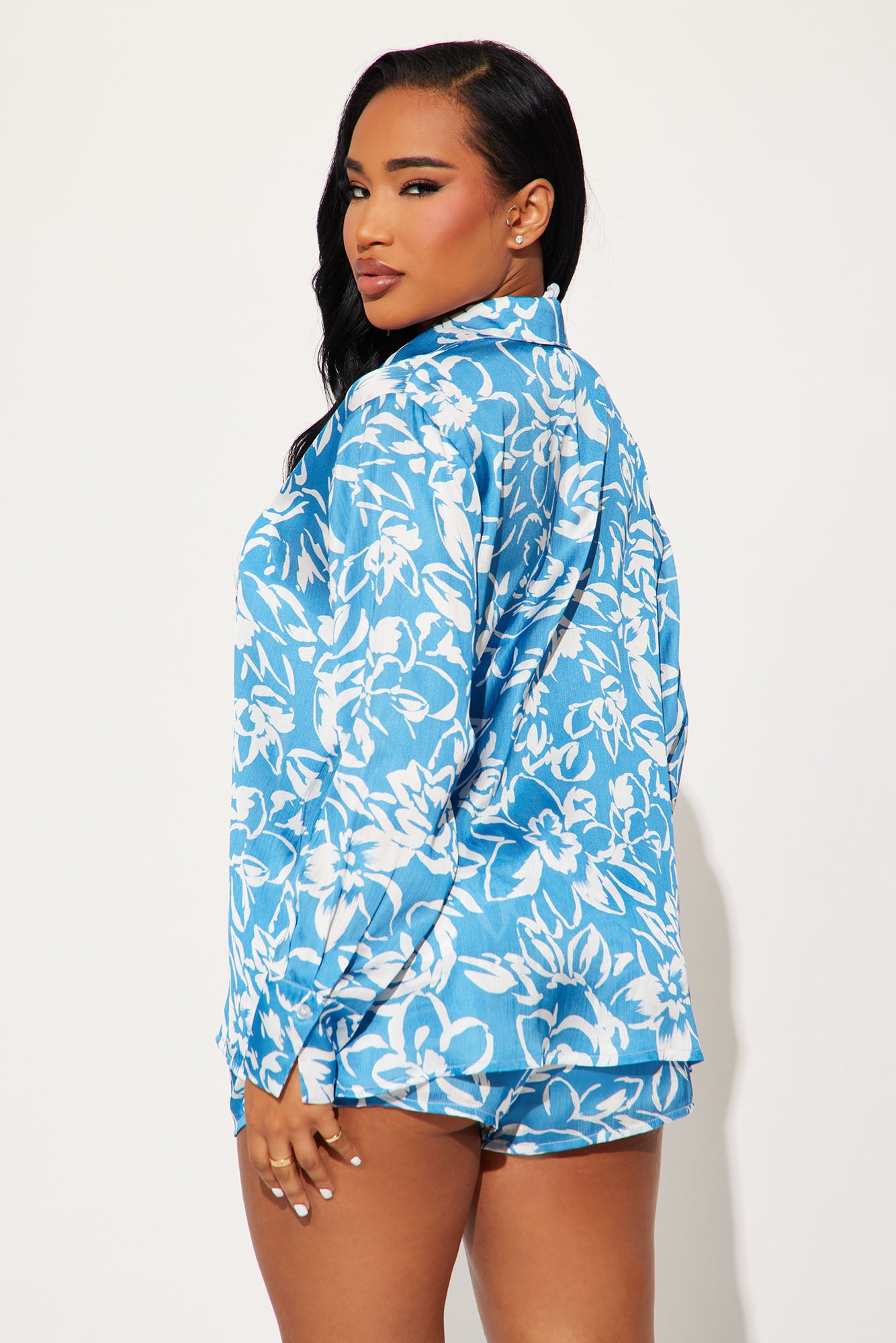 Arianna Floral Satin Short Set - Blue/combo - Image 3