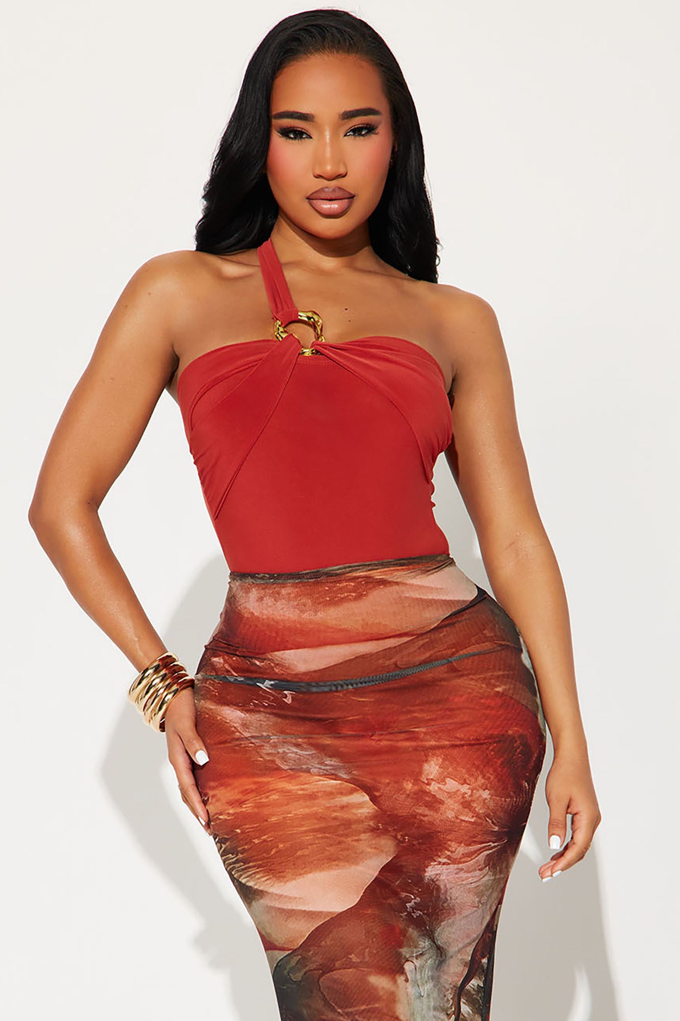 Annalise One Shoulder Ruched Bodysuit - Rust - Image 3