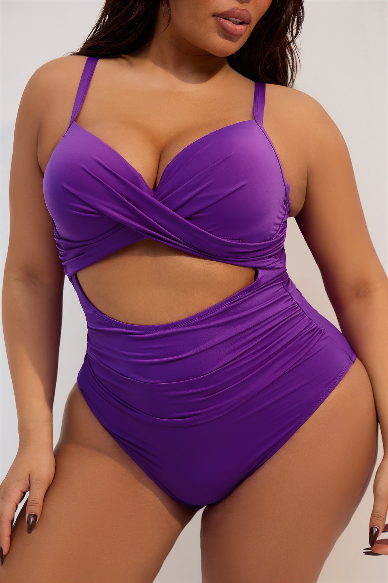 Summer Lounge Ruched Cutout 1 Piece Swimsuit - Purple - Image 5