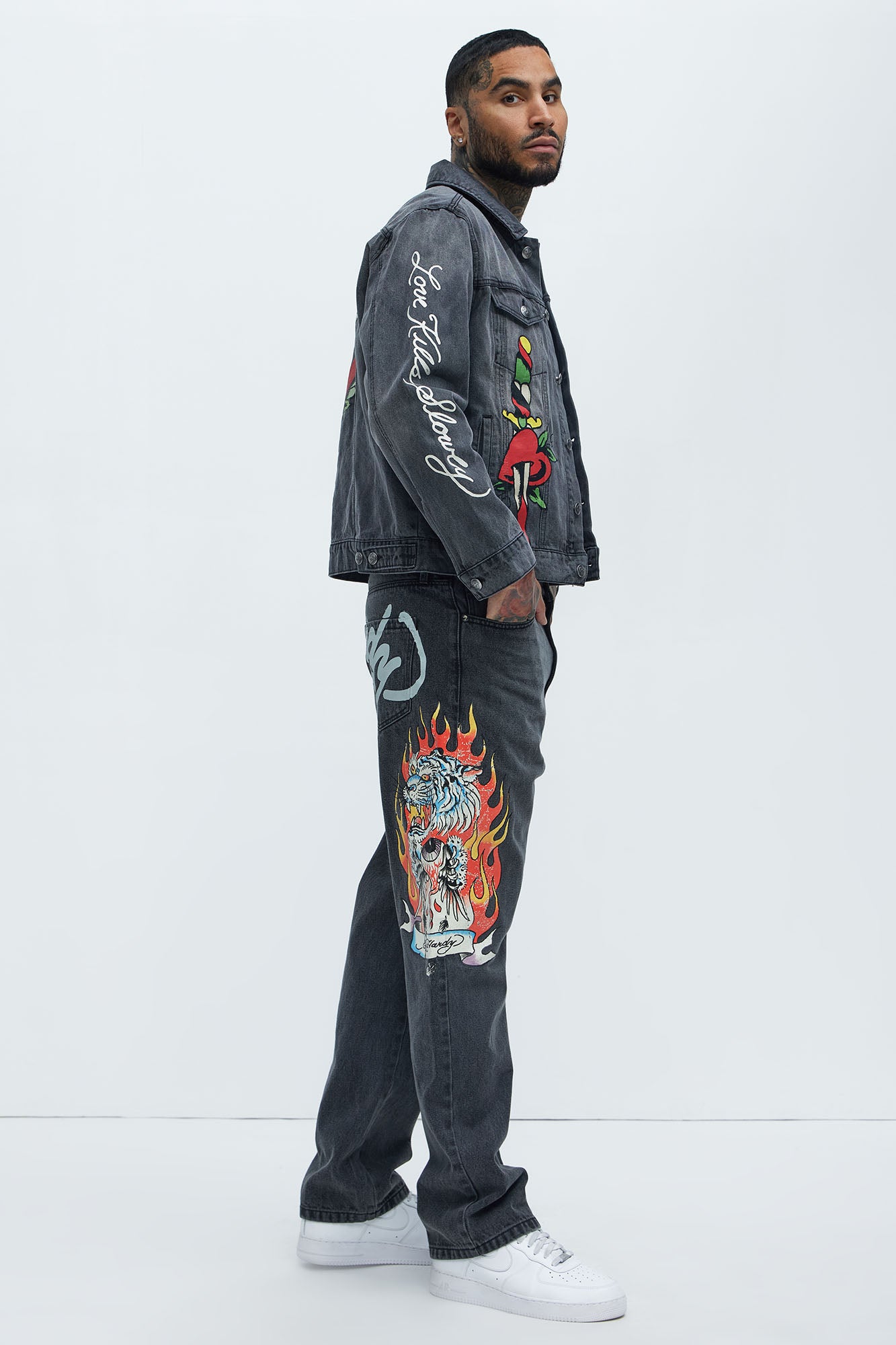 Ed Hardy Relaxed Tiger Flame Jeans - Grey - Image 4