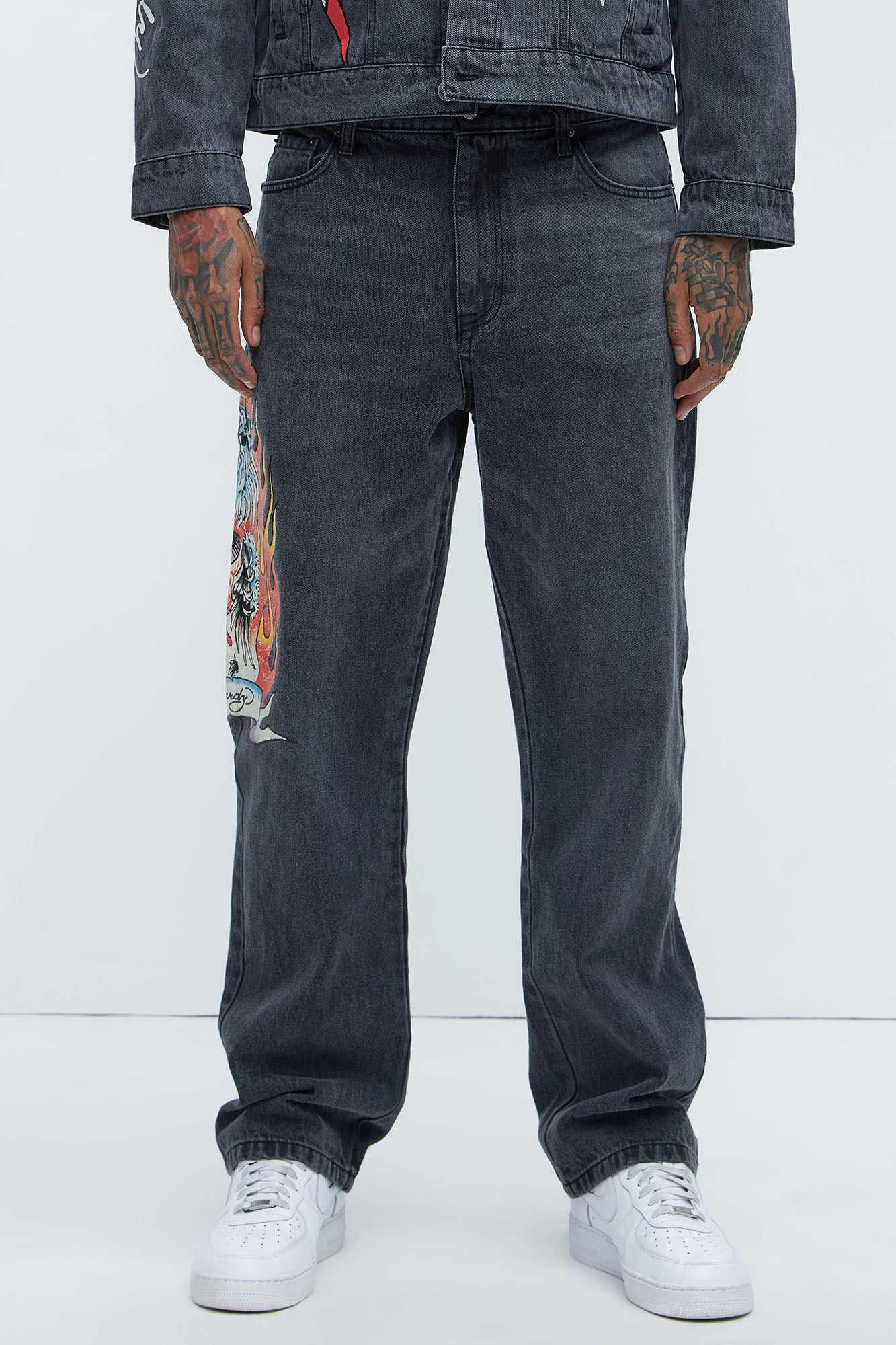 Ed Hardy Relaxed Tiger Flame Jeans - Grey - Image 3
