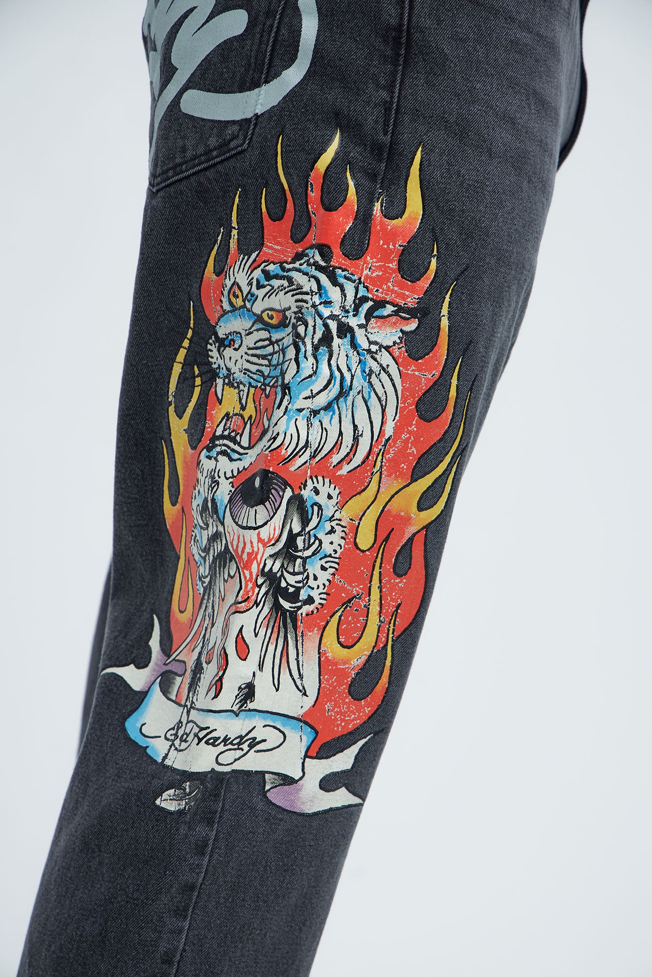 Ed Hardy Relaxed Tiger Flame Jeans - Grey - Image 5