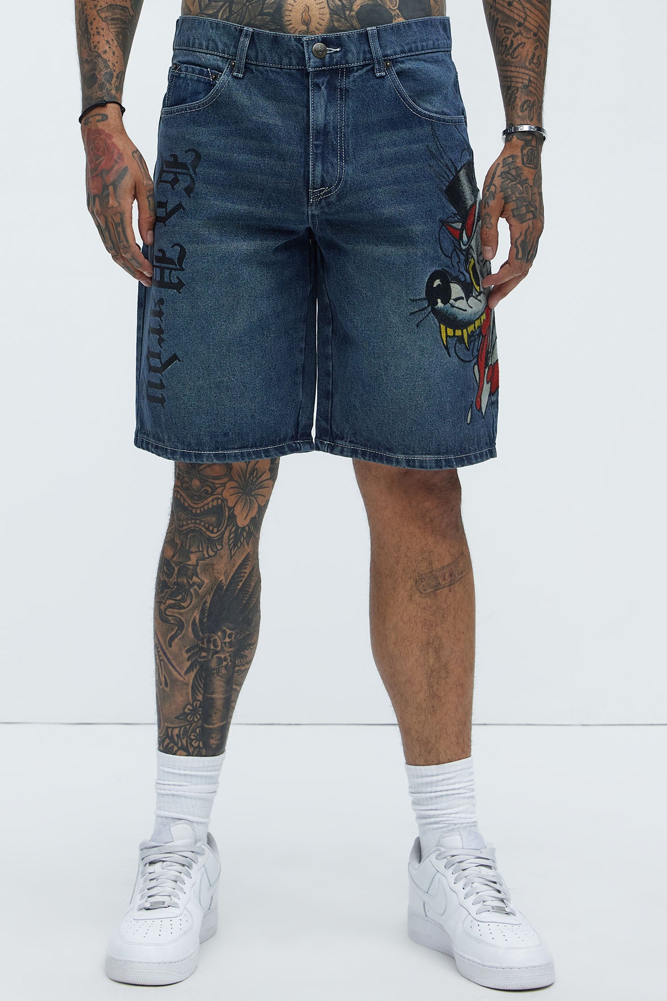 Ed Hardy Relaxed Wolf Denim Shorts - Medium Wash - Image 3