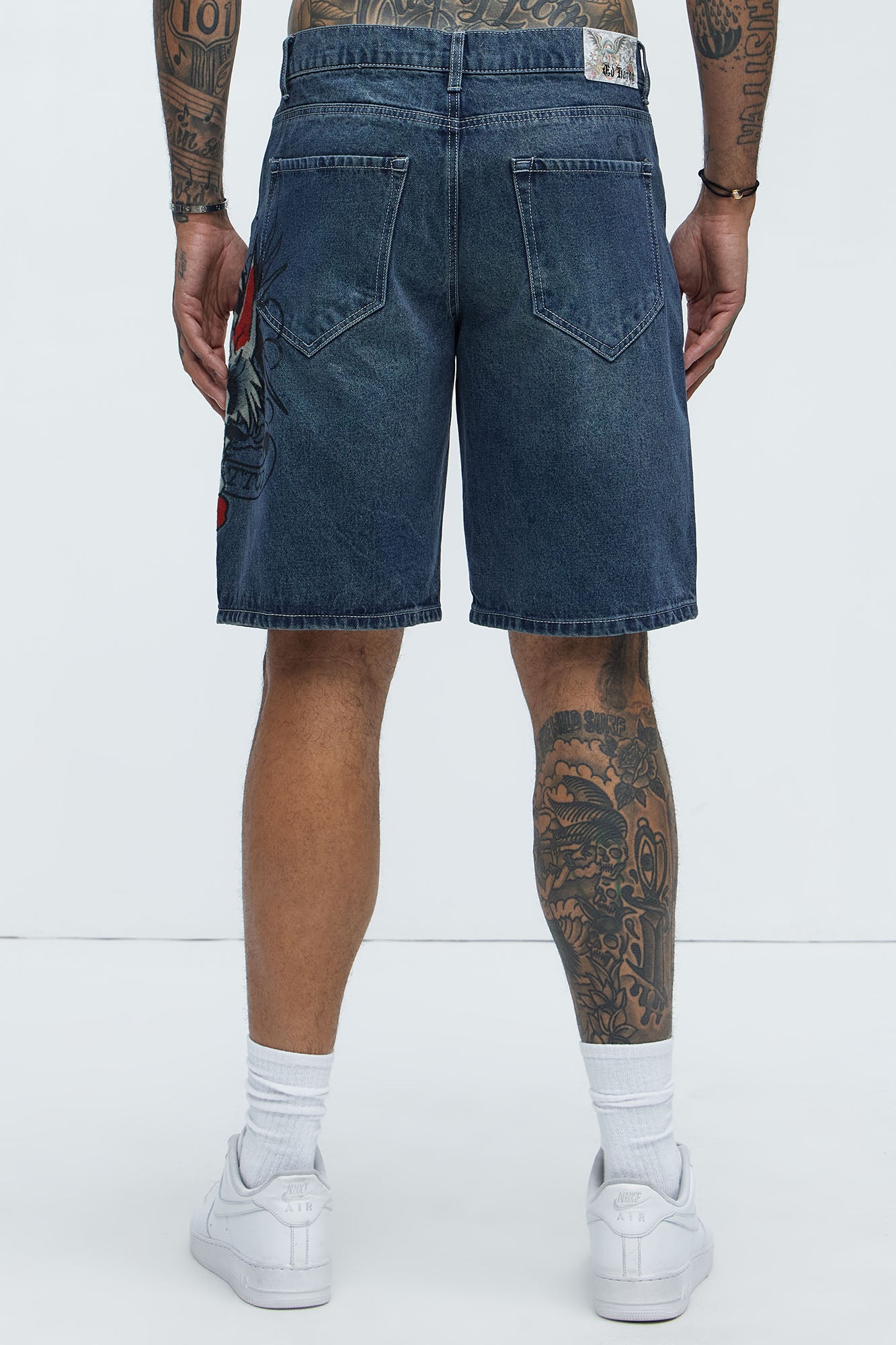 Ed Hardy Relaxed Wolf Denim Shorts - Medium Wash - Image 6