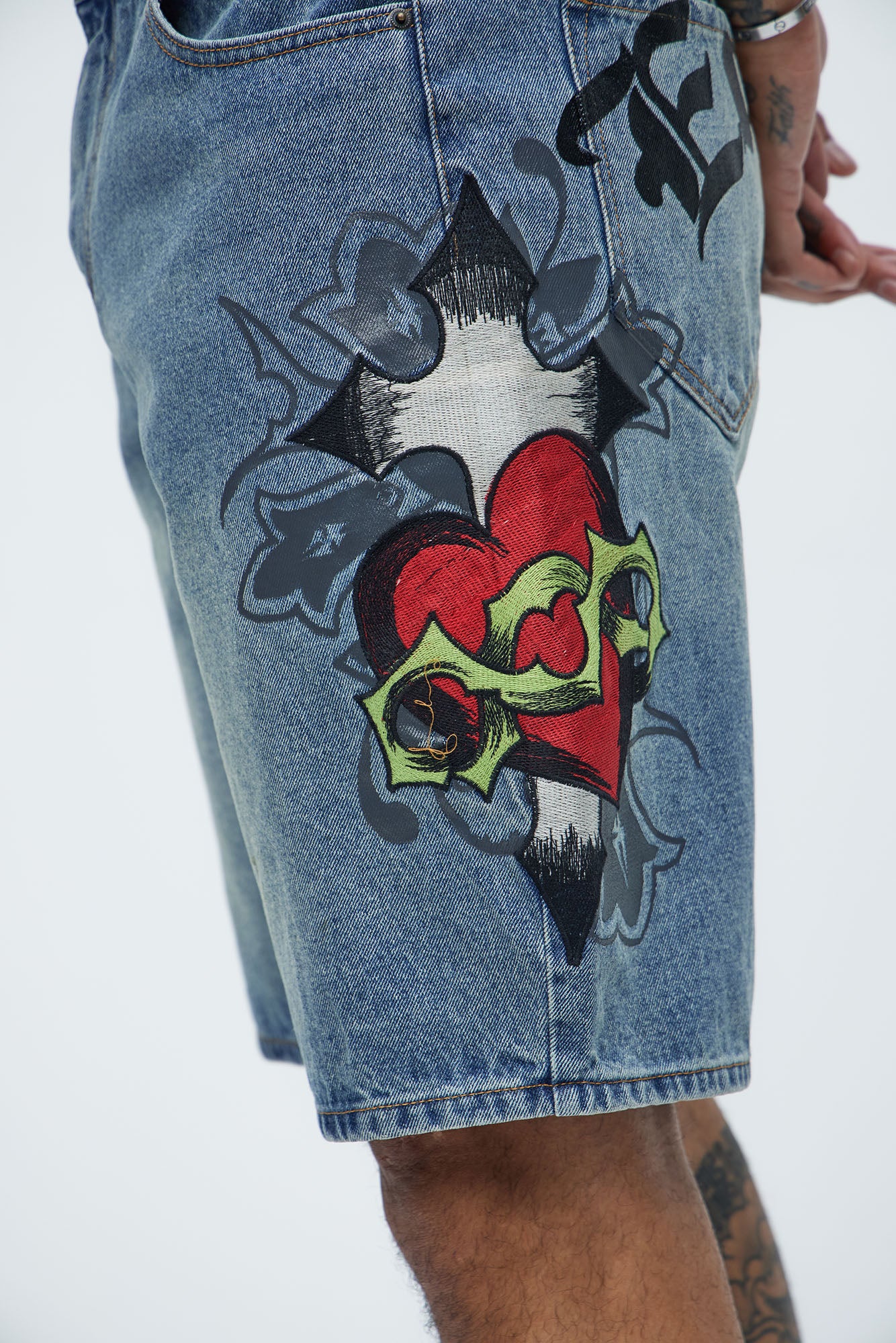 Ed Hardy Relaxed Sacred Heart Denim Shorts - Vintage Blue Wash - Image 5