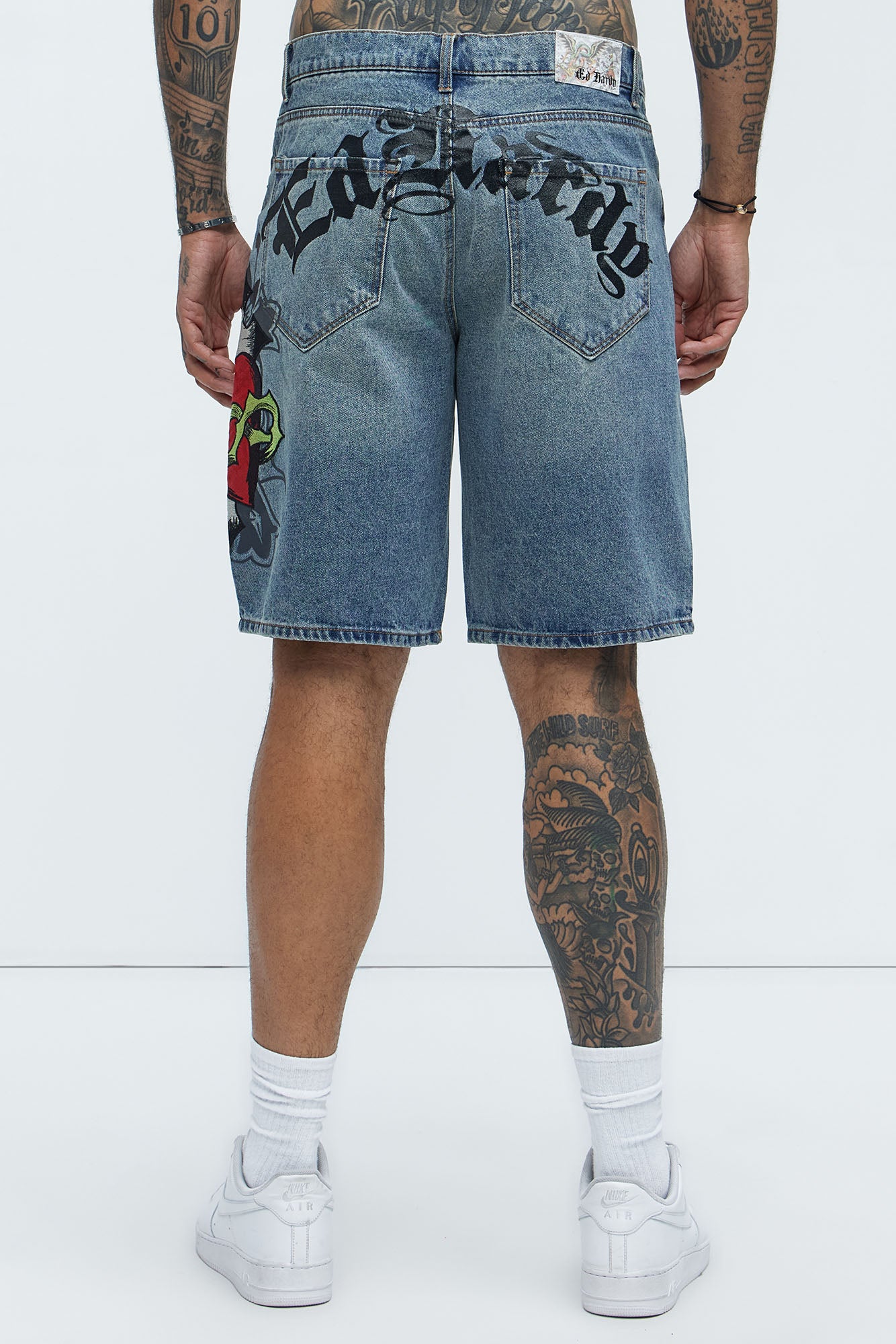 Ed Hardy Relaxed Sacred Heart Denim Shorts - Vintage Blue Wash - Image 6