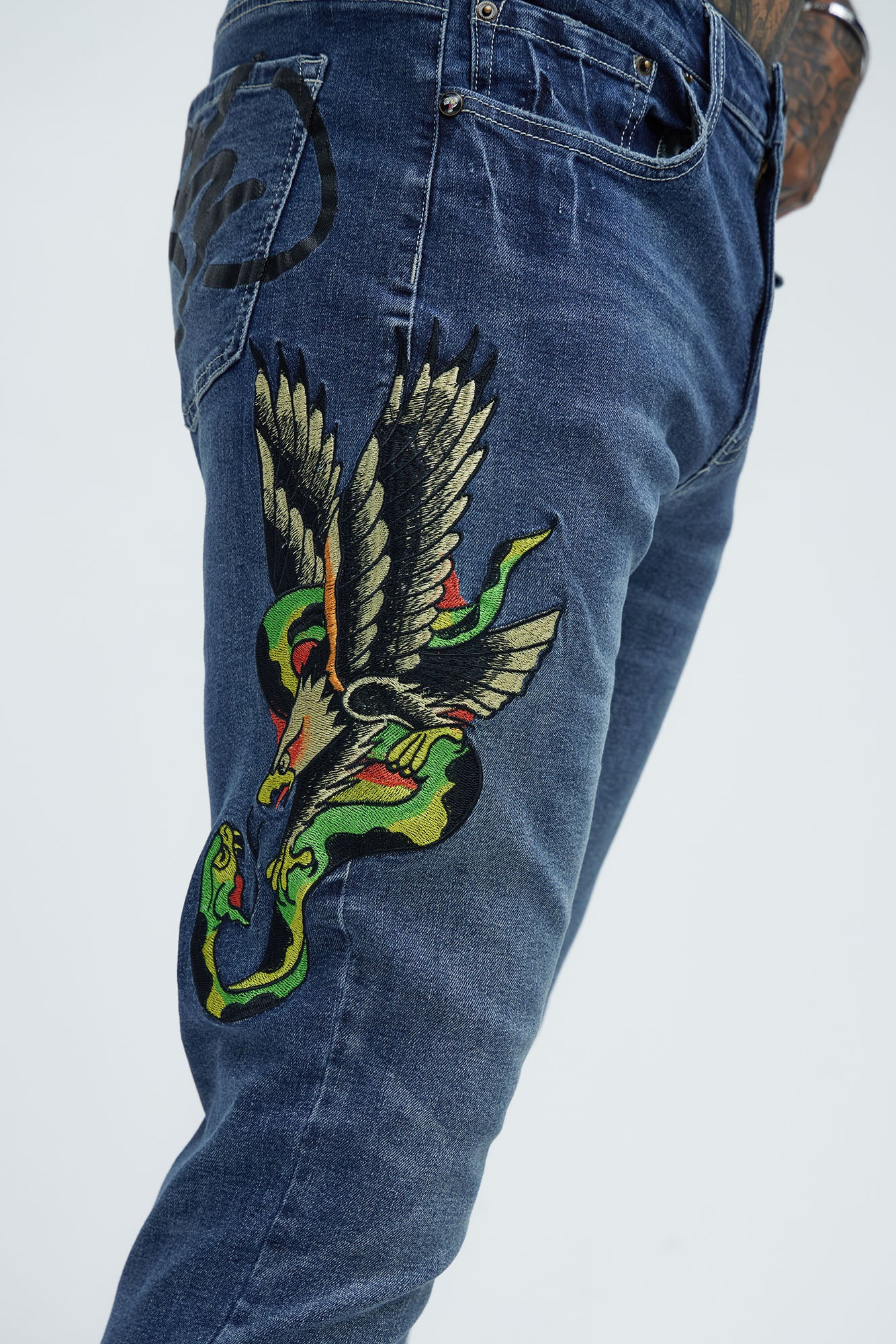 Ed Hardy Slim Eagle Snake Distressed Jeans - Medium Blue Wash - Image 3