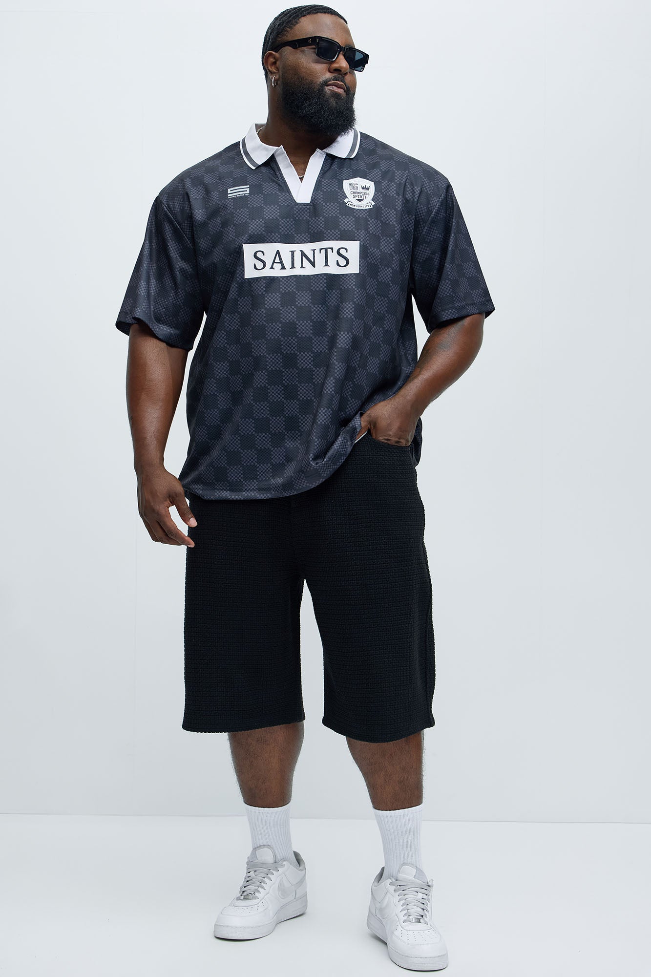 Saints Checkered Johnny Collar Soccer Jersey - Black - Image 6