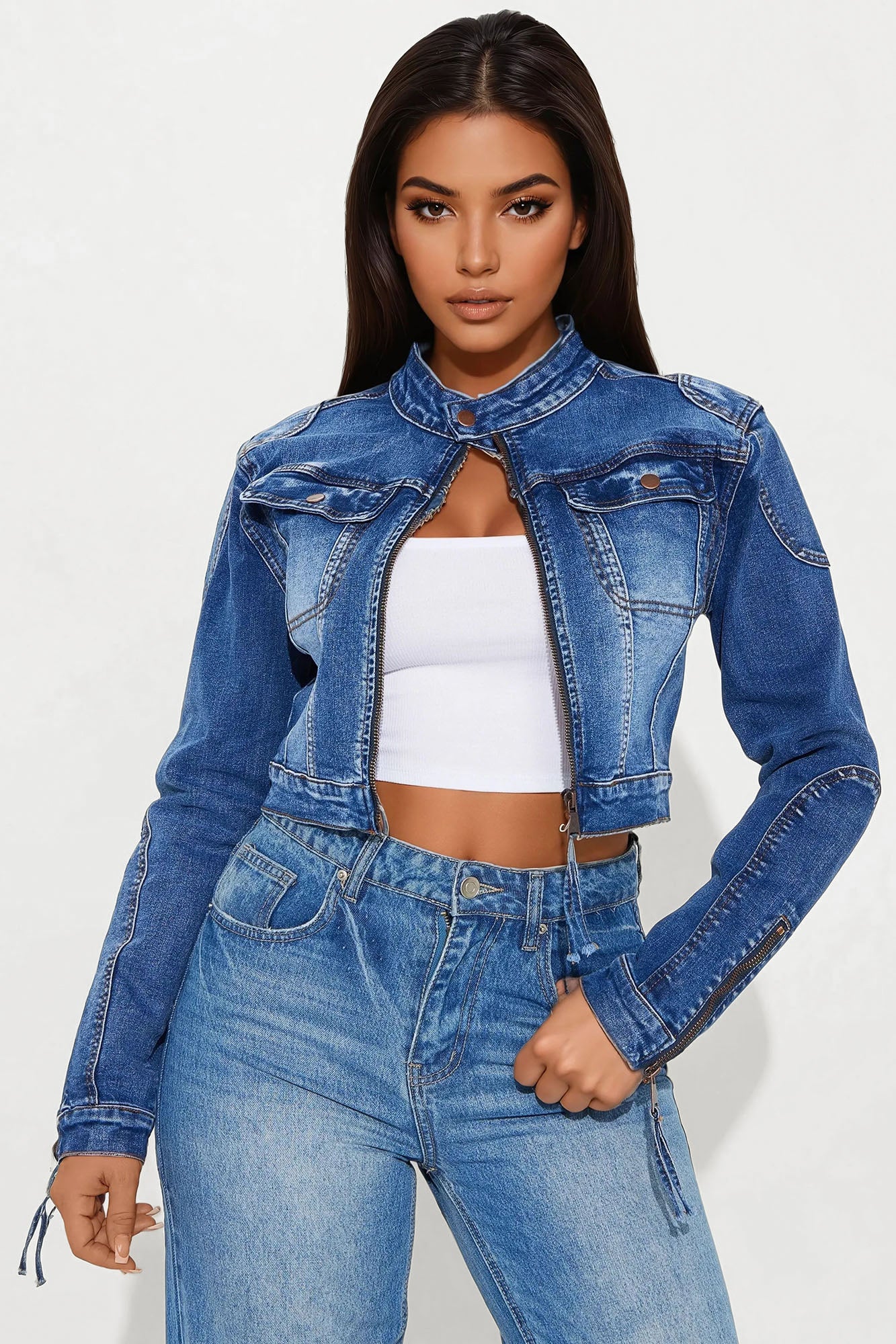 Never Replicated Cropped Denim Jacket - Medium Wash - Image 3