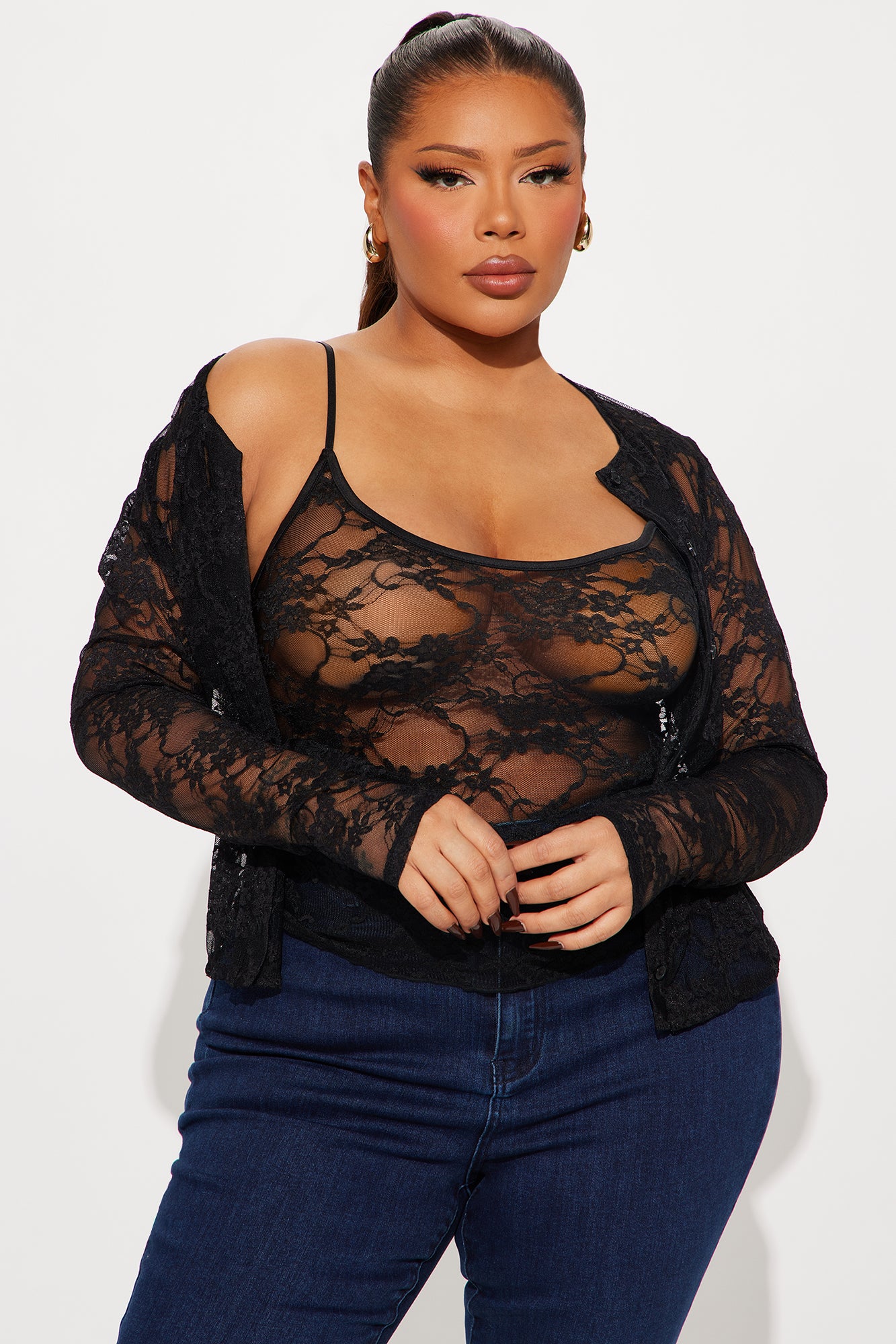 Elara Cami And Cardigan 2 Piece Lace Set - Black - Image 5