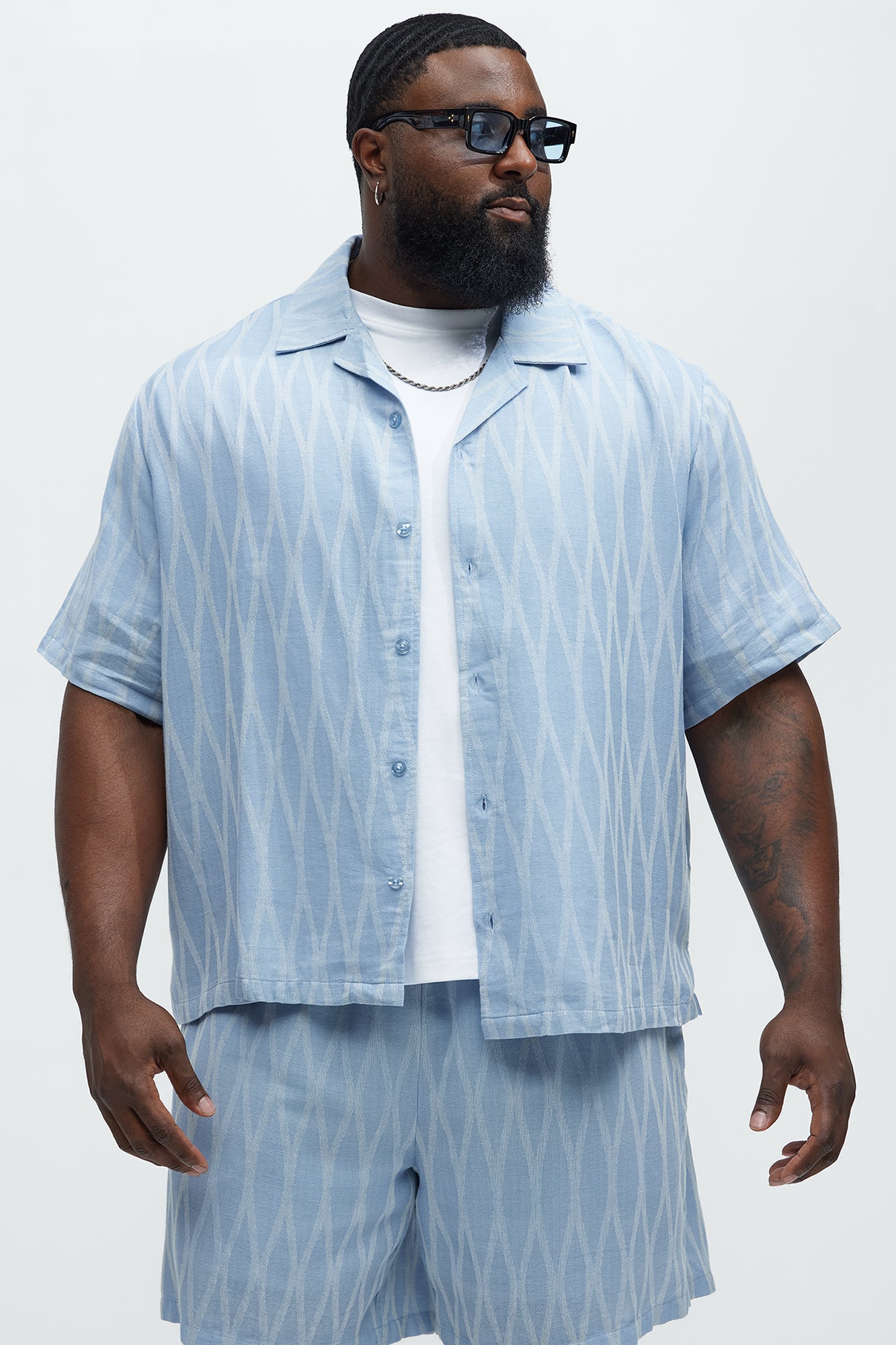 Waved Lines Cuban Collar Button Up Shirt - Blue/combo - Image 3